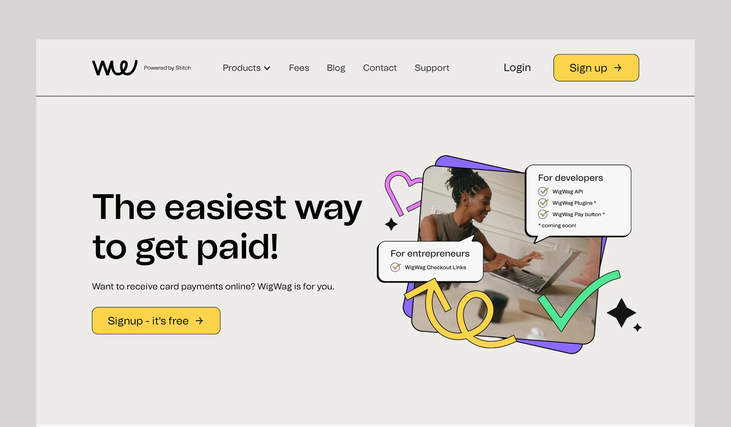 WigWag homepage hero with the headline 'The easiest way to get paid!', a yellow 'Signup - it's free' button and an illustration of a woman at a laptop beside 'For developers' and 'For entrepreneurs' callouts