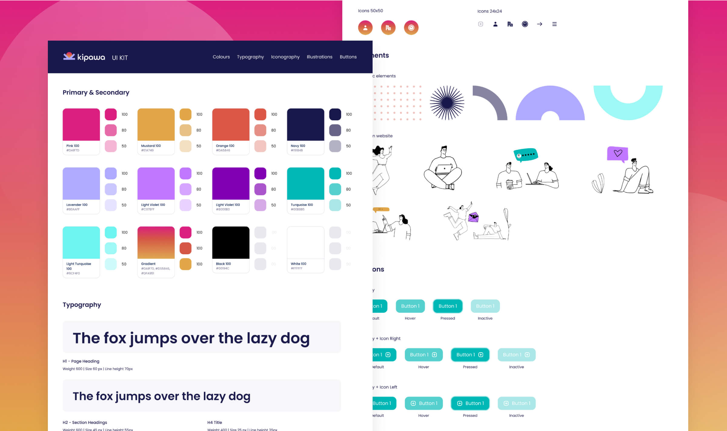 Kipawa UI kit showing the colour palette, typography, iconography, illustrations and button states