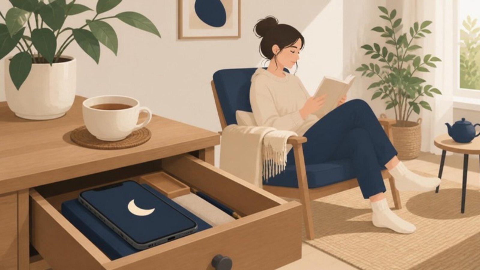 A phone in do-not-disturb mode lying in an open desk drawer while a woman reads a paper book in a calm room