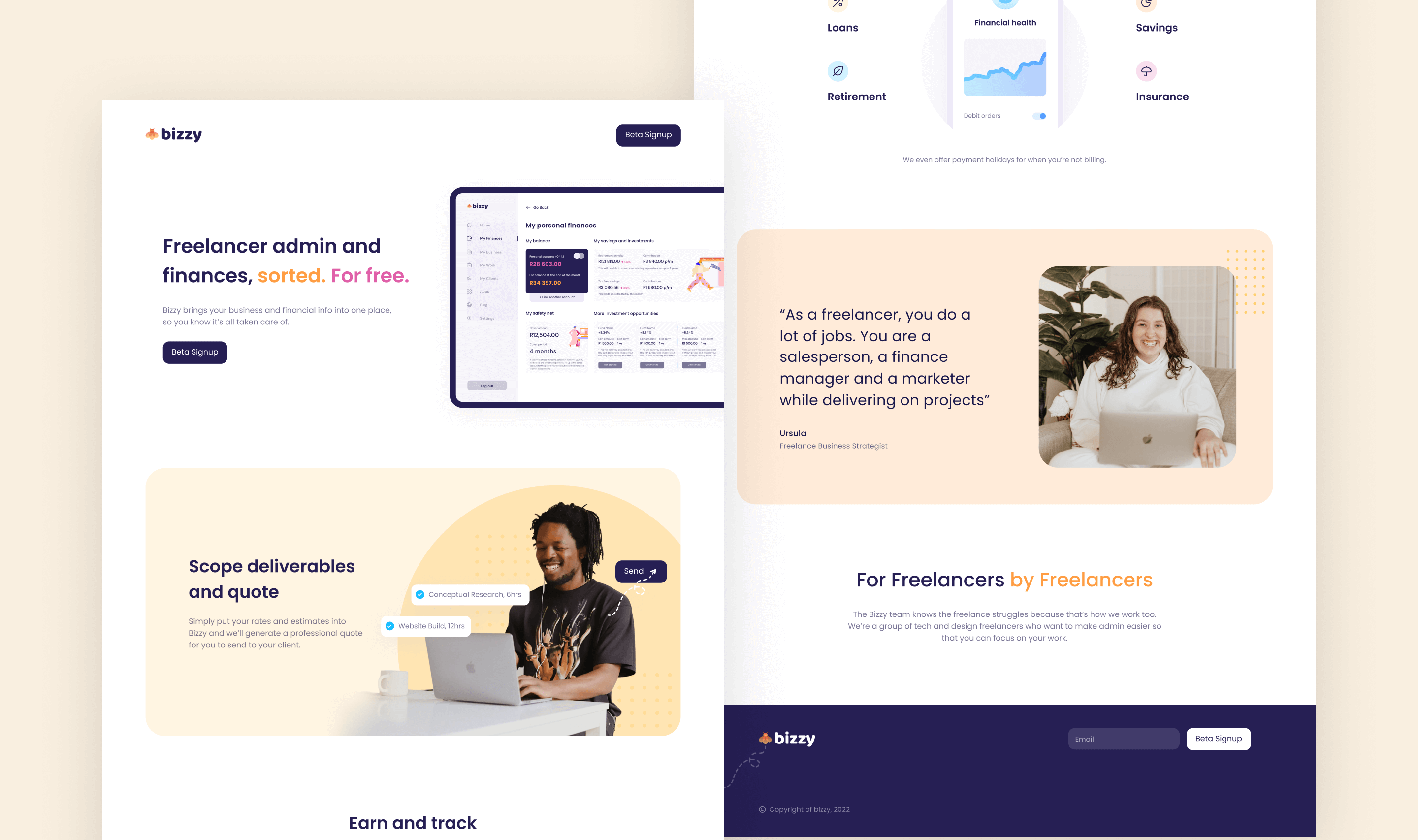 Bizzy landing page showing the hero headline Freelancer admin and finances, sorted. For free., a Beta Signup button, a freelancer testimonial and the footer