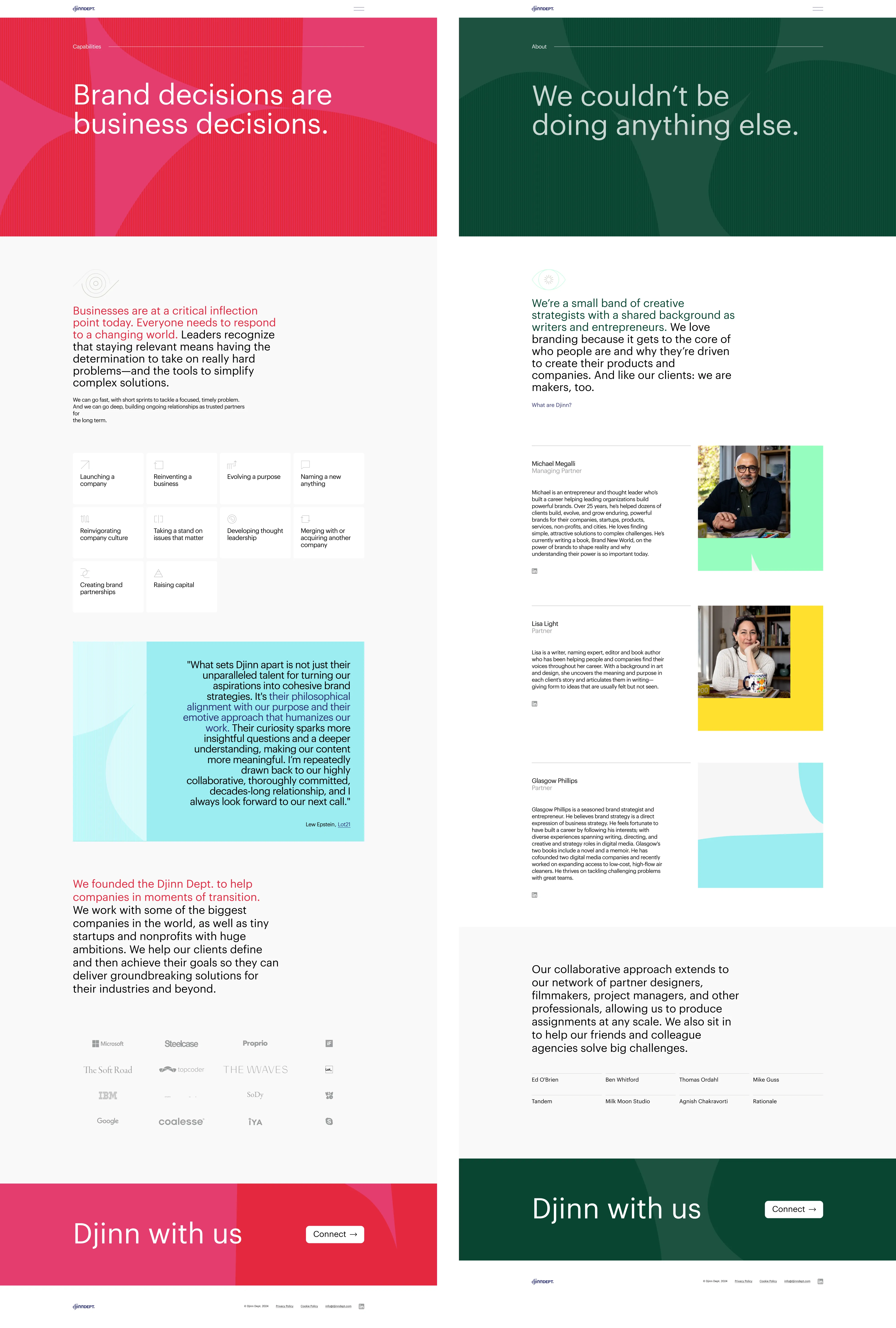 Djinn Dept capabilities and about pages side by side: a pink capabilities page headed "Brand decisions are business decisions." and a dark green about page headed "We couldn't be doing anything else." with team portraits