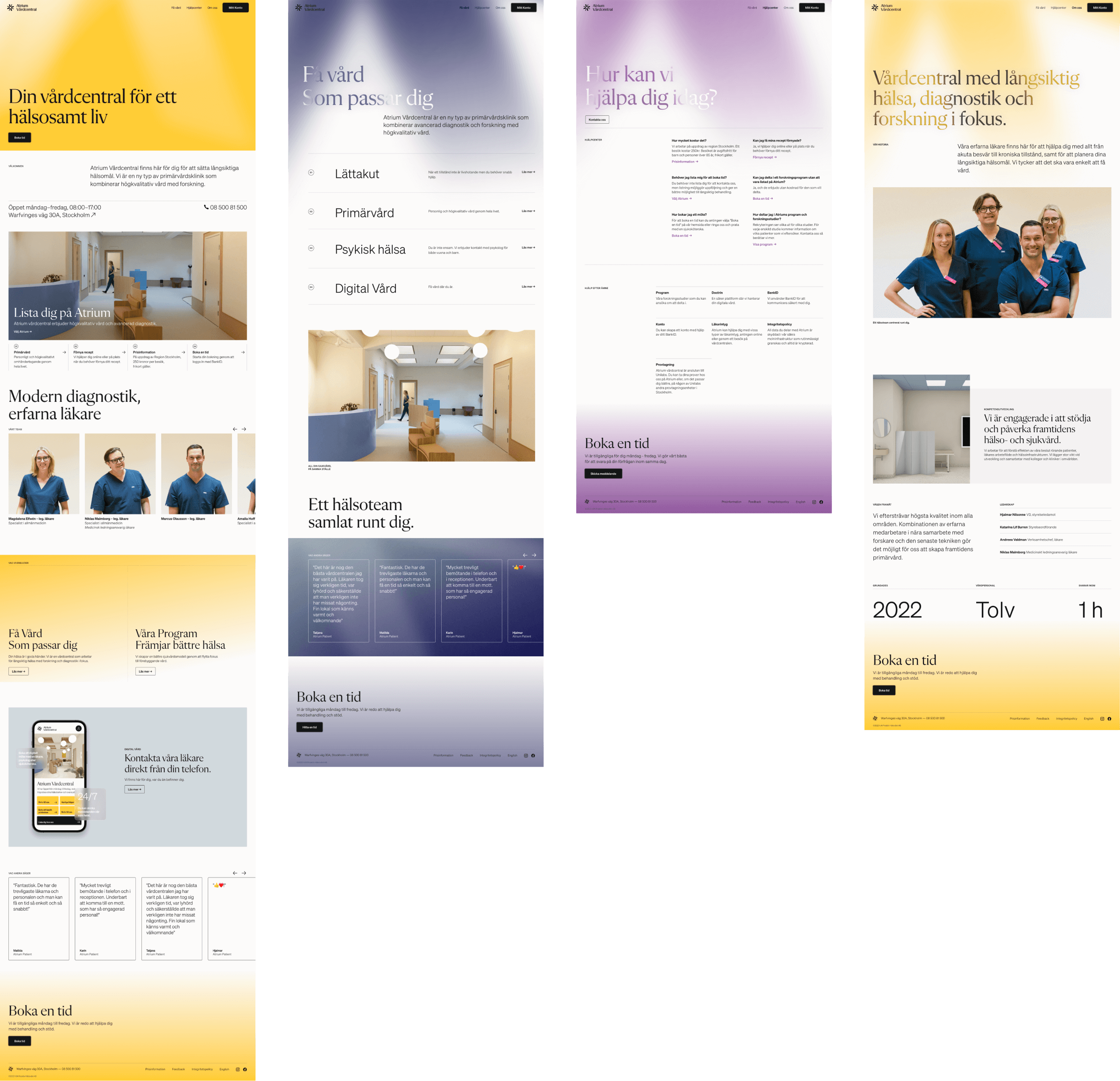 Four Atrium Vårdcentral pages side by side: home, Få vård, Hjälpcenter and Om oss.