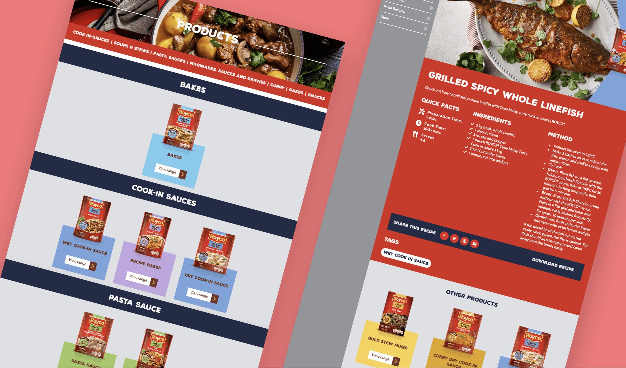 Migrierte Royco-Produktübersicht mit Kochsaucen, Rezeptbasen und Pastasaucen neben einer Rezeptseite