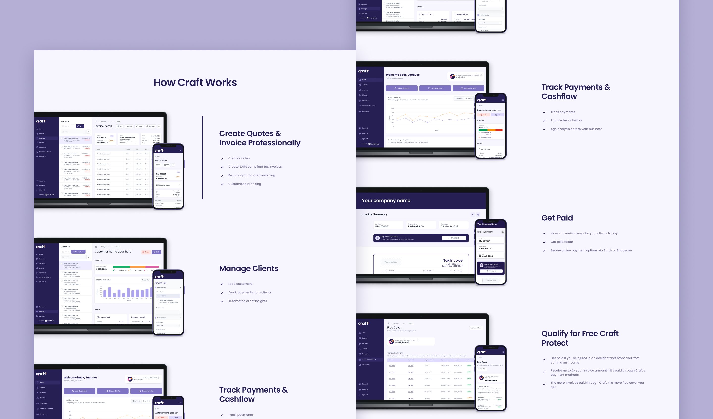 Craft 'How Craft works' section in two columns: create quotes and invoice professionally, manage clients, track payments and cashflow, get paid, and qualify for free Craft Protect, each beside a laptop and phone showing the app