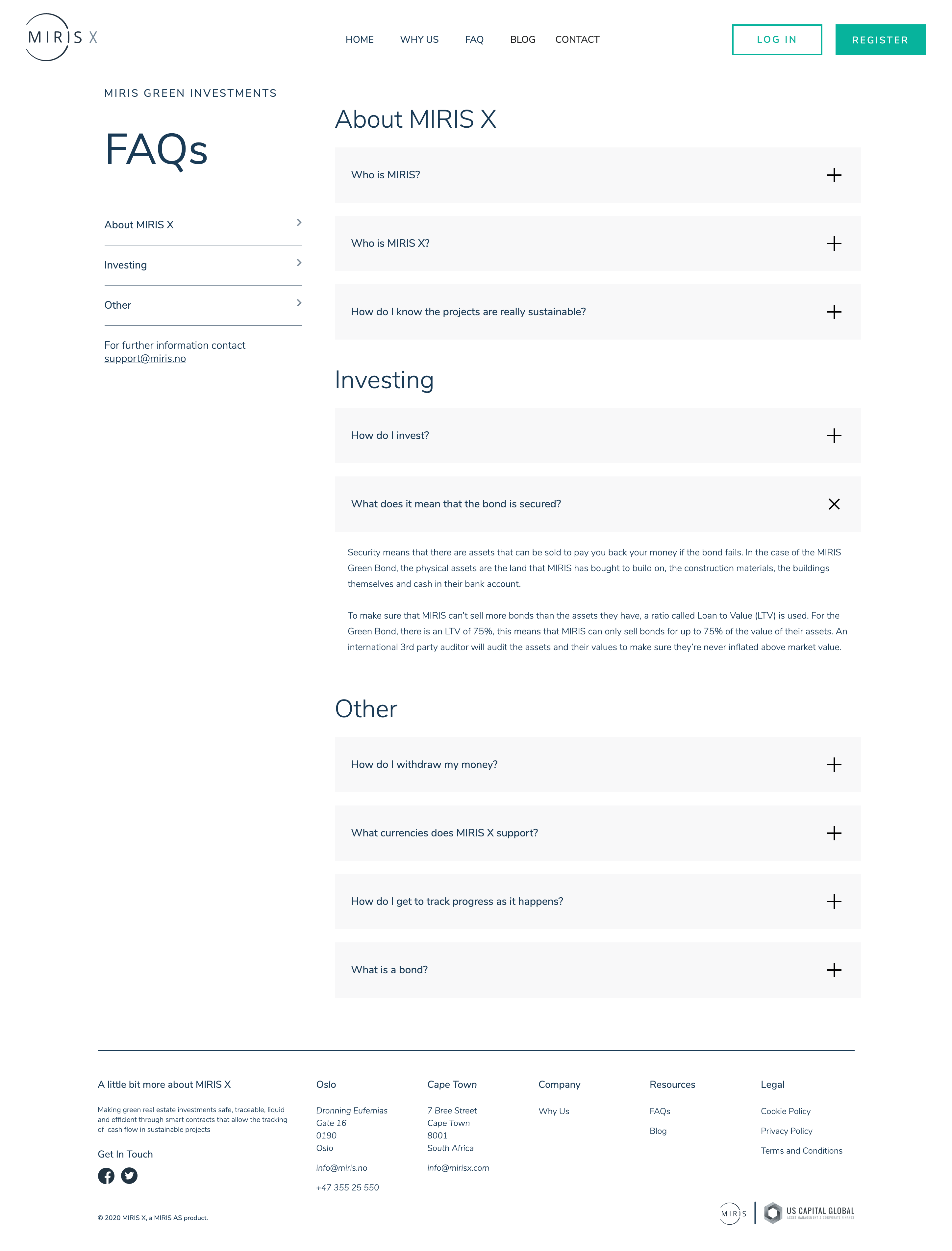 MIRIS X FAQ page with questions grouped under About MIRIS X, Investing and Other, and the answer to what it means that the bond is secured open.
