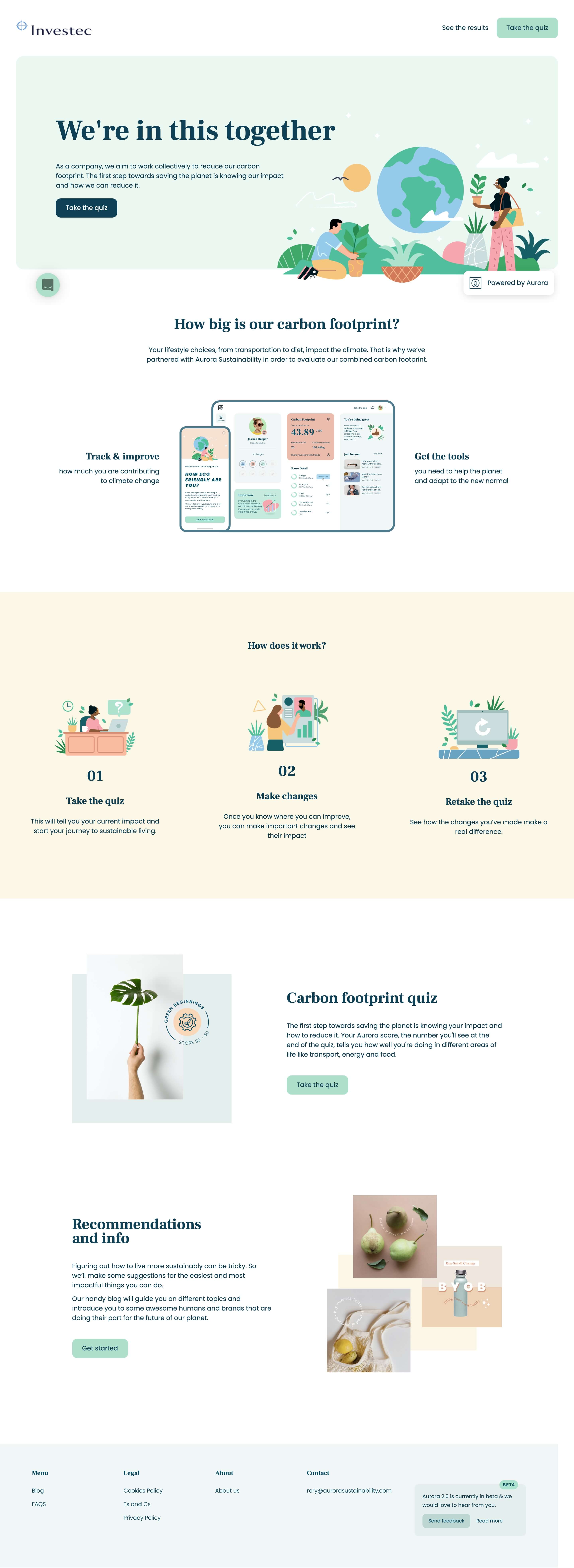 Screenshot of an example company landing page for employees, headed We're in this together, with an illustration of people looking after the planet and a button to take the carbon footprint quiz