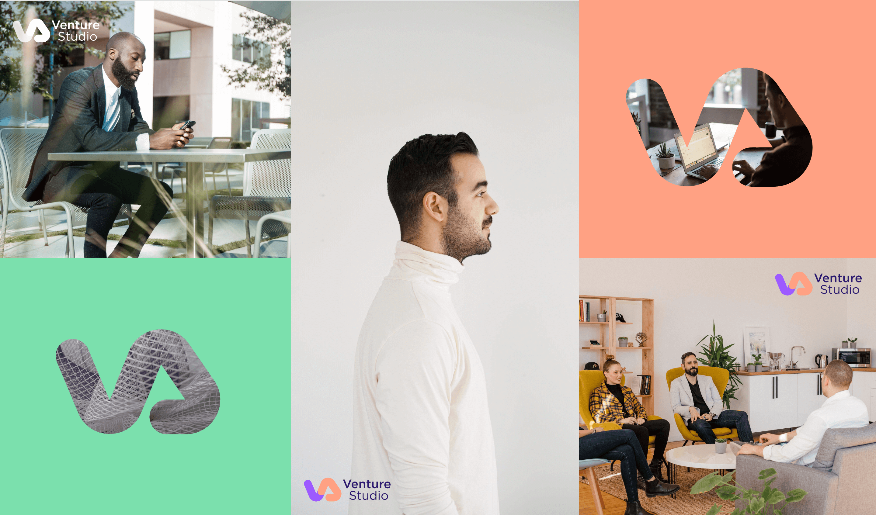 Venture Studio brand imagery: the logo shown over photographs and cut out as a window onto photos of people working and meeting