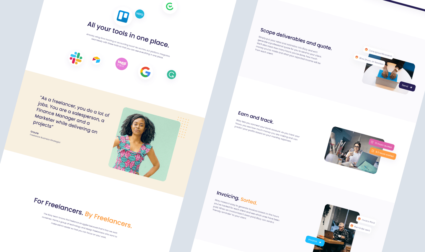 Bizzy landing page sections shown at an angle: "All your tools in one place" with Slack, Xero, Google and Toggl Track logos, a freelancer testimonial, "For Freelancers. By Freelancers.", and the "Scope deliverables and quote", "Earn and track" and "Invoicing. Sorted." feature sections