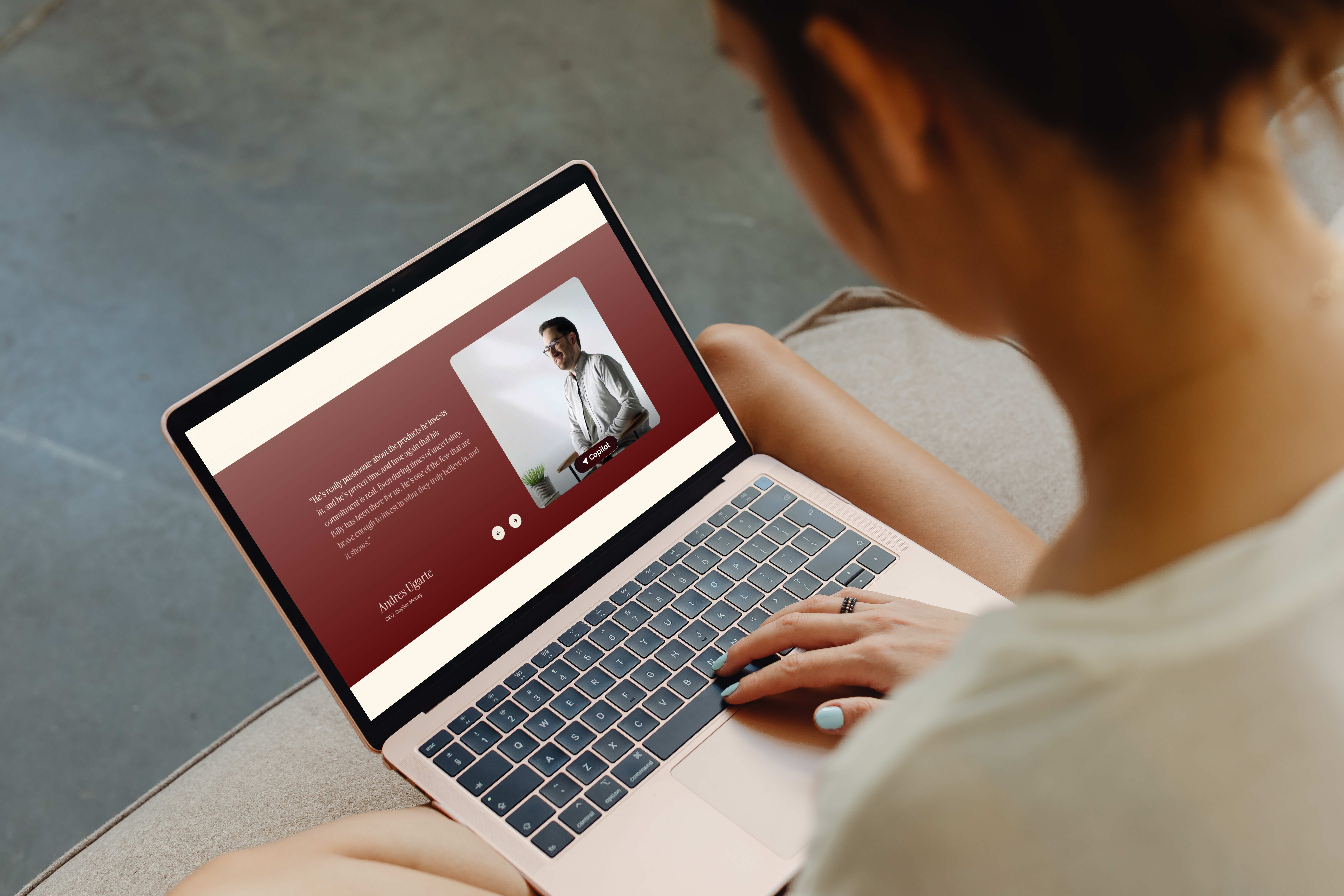 Path Ventures testimonial section on a laptop, with a quote from a founder beside a portrait photo on a dark red background