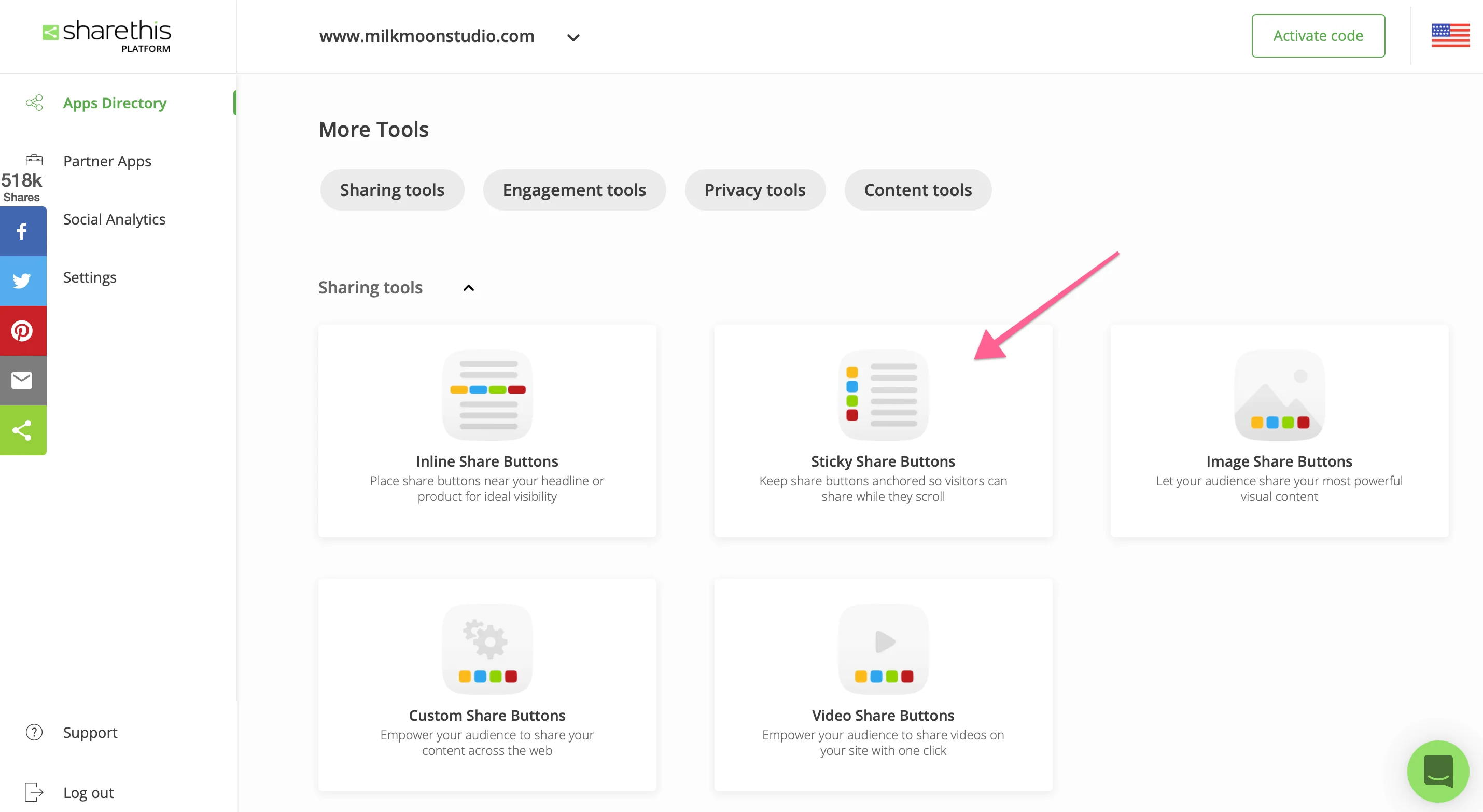 Share-Buttons in ShareThis auswählen