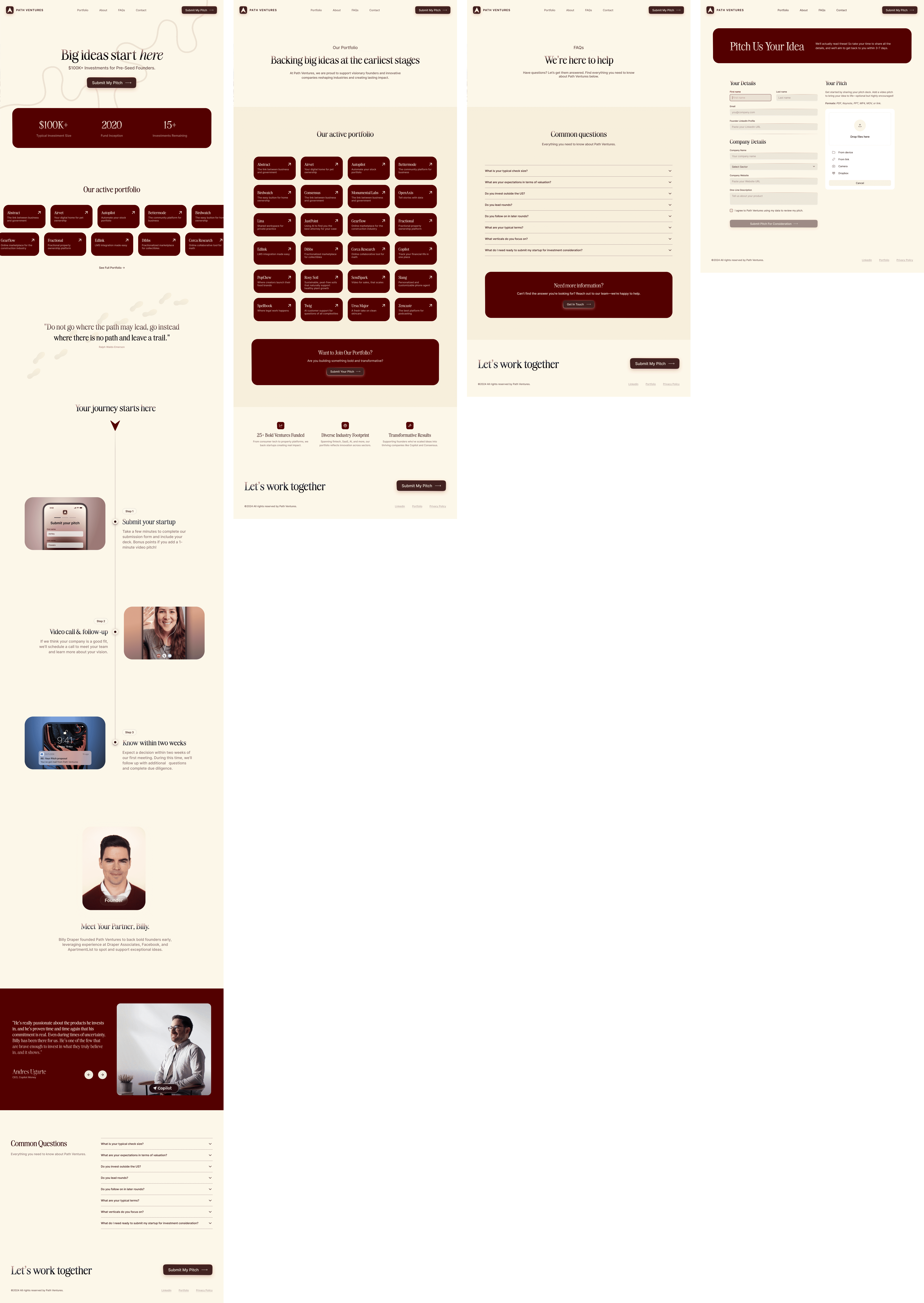 Four Path Ventures page designs side by side: the homepage, the portfolio page, the questions page and the Pitch Us Your Idea form