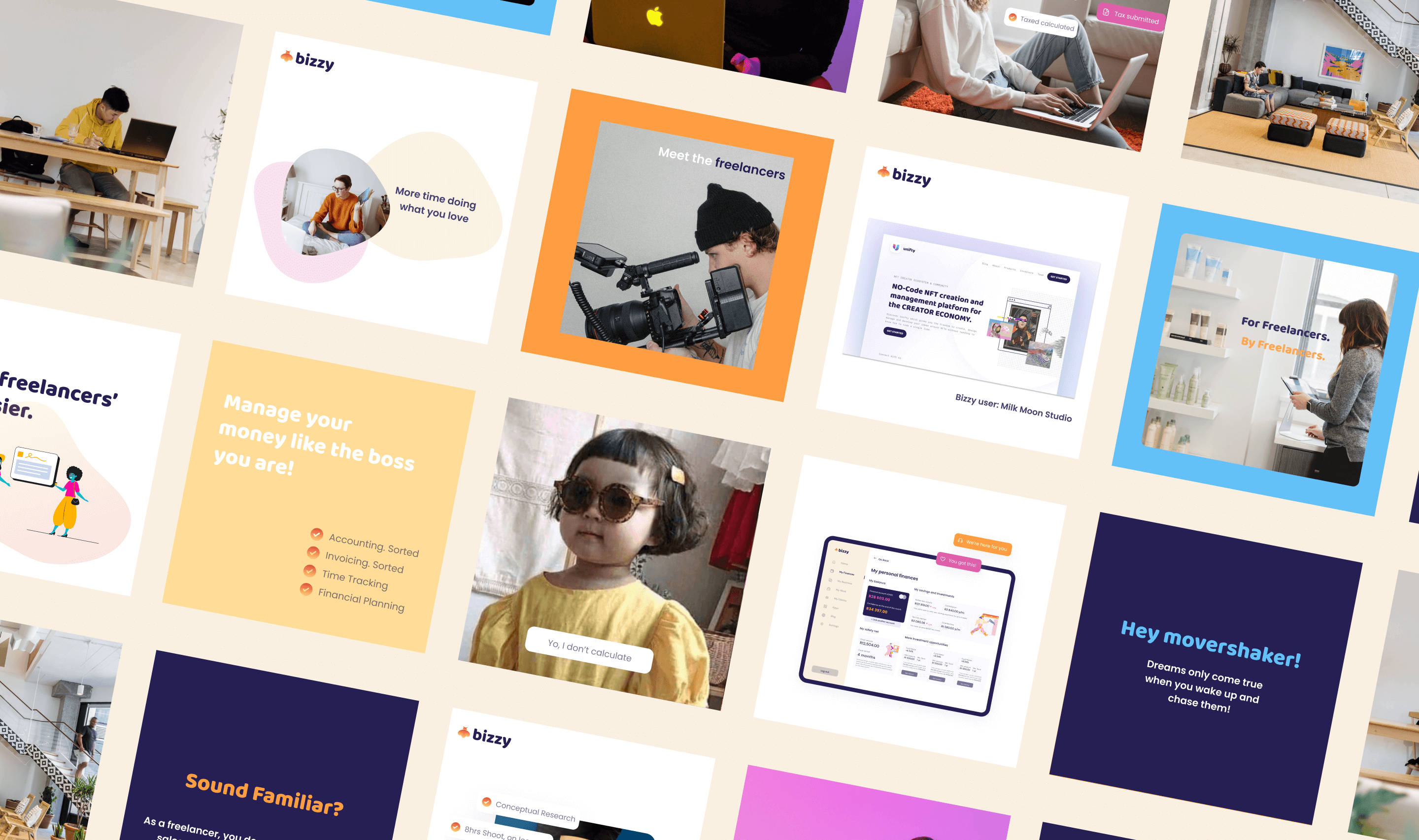 Grid of square Bizzy social media posts with the orange bizzy logo, freelancer photography, slogans such as Manage your money like the boss you are and For Freelancers. By Freelancers., and screenshots of the Bizzy app