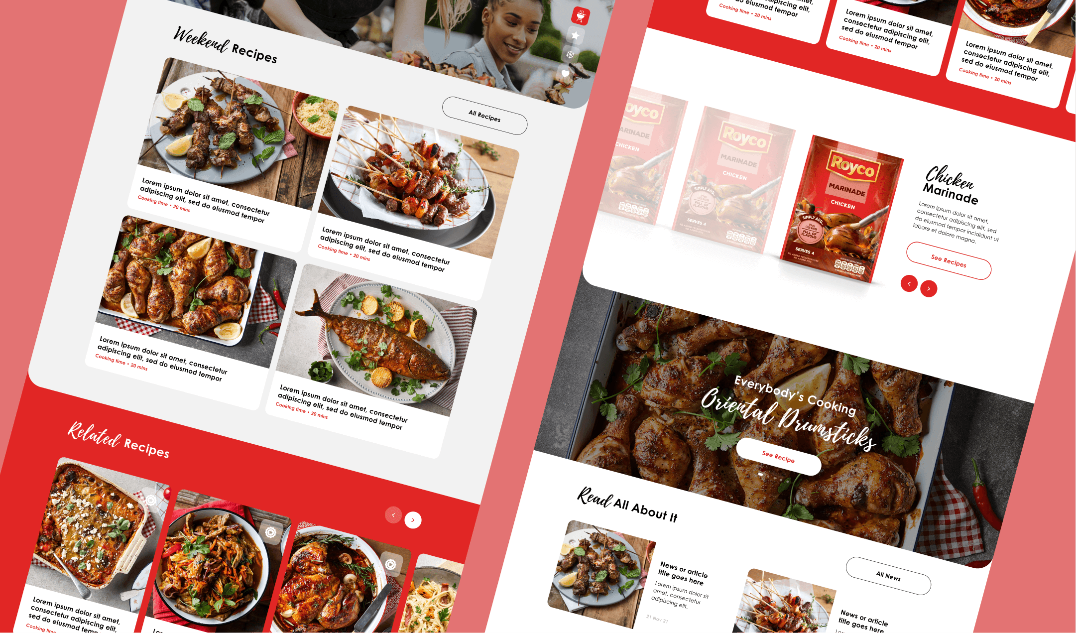 Royco homepage design shown at an angle, with Weekend Recipes cards, a Royco Marinade product carousel, an Oriental Drumsticks banner and a news section