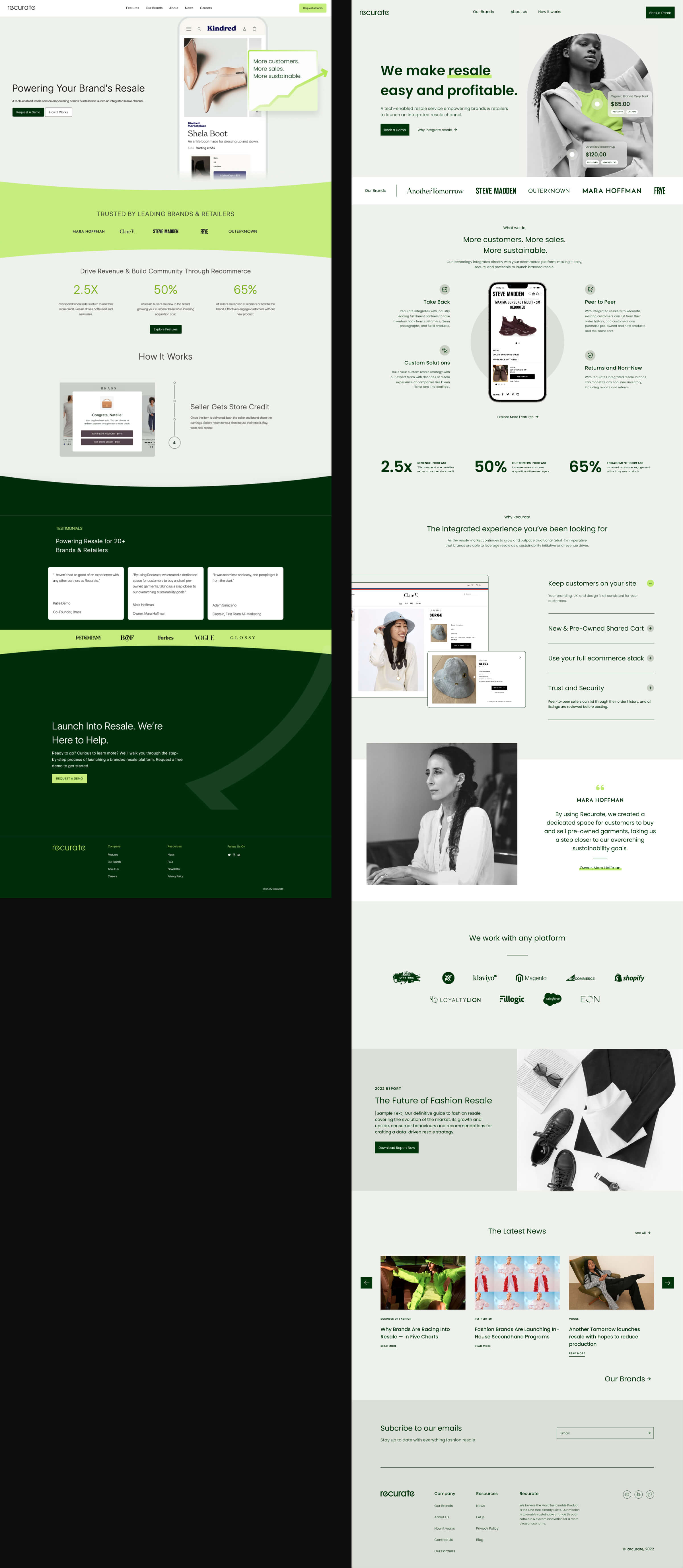 Recurate website before and after: the old homepage on the left and the redesigned homepage on the right, as full-page screenshots