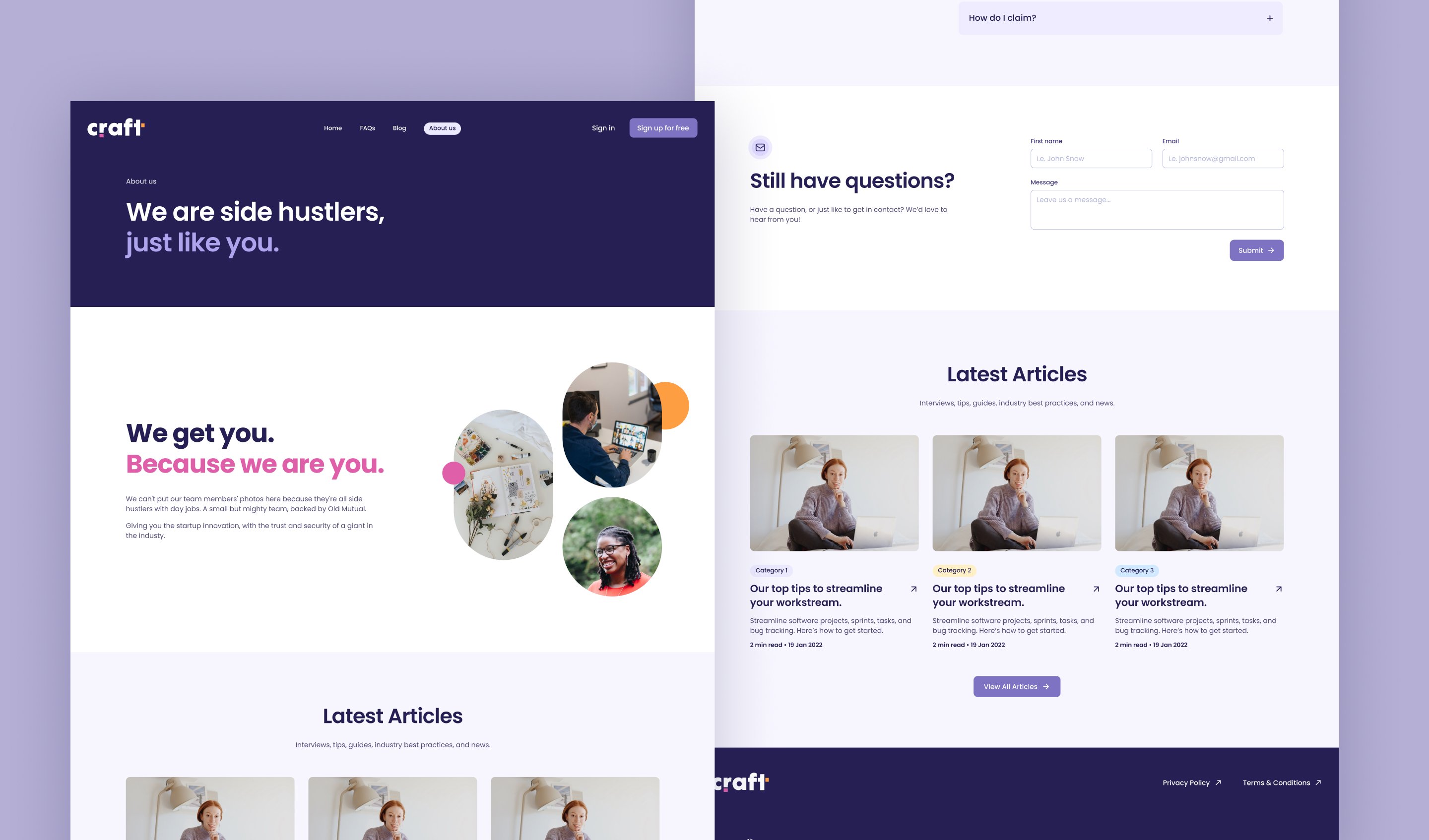 Craft About us page: the headline 'We are side hustlers, just like you.', a 'We get you' section with a team photo collage, and a latest articles block with a contact form and footer