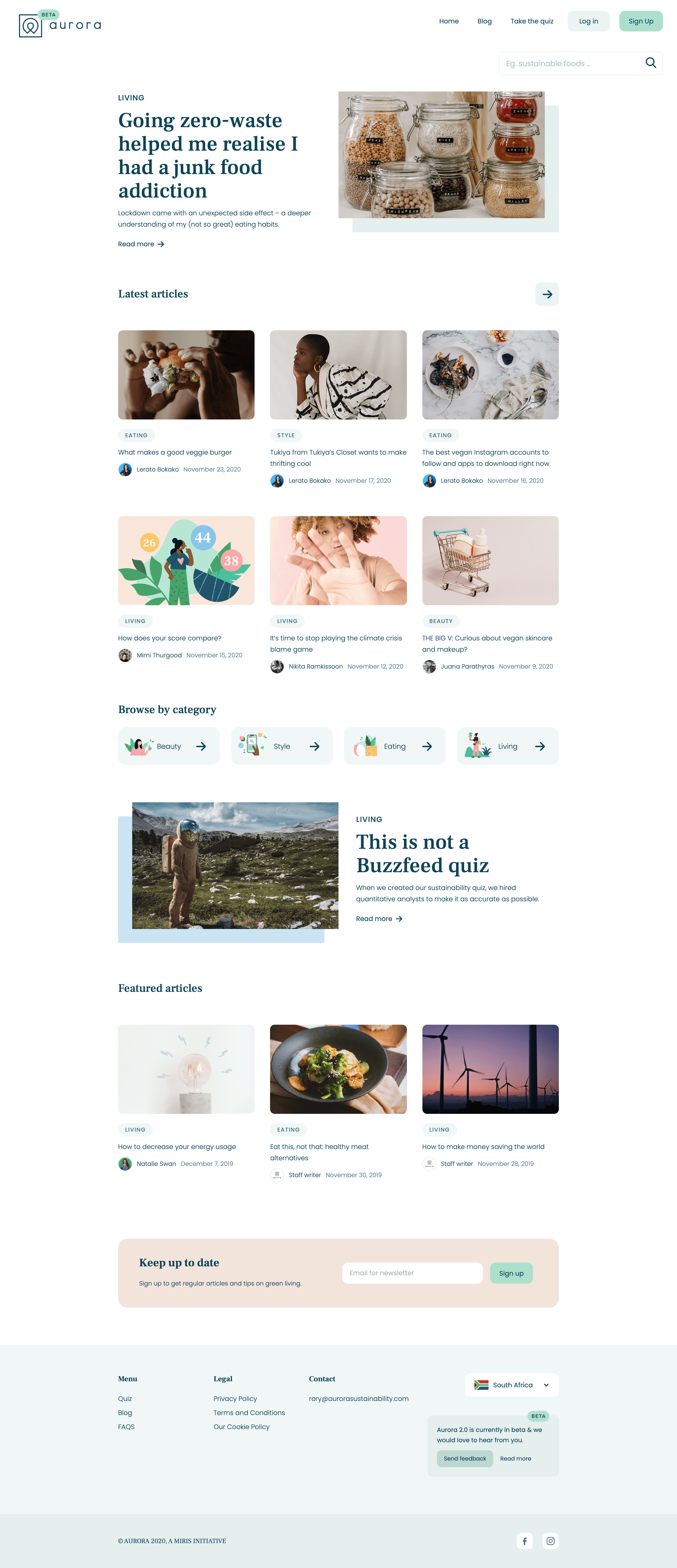 Screenshot of the Aurora Sustainability blog page with a featured article, latest articles, a browse by category section and a newsletter sign-up