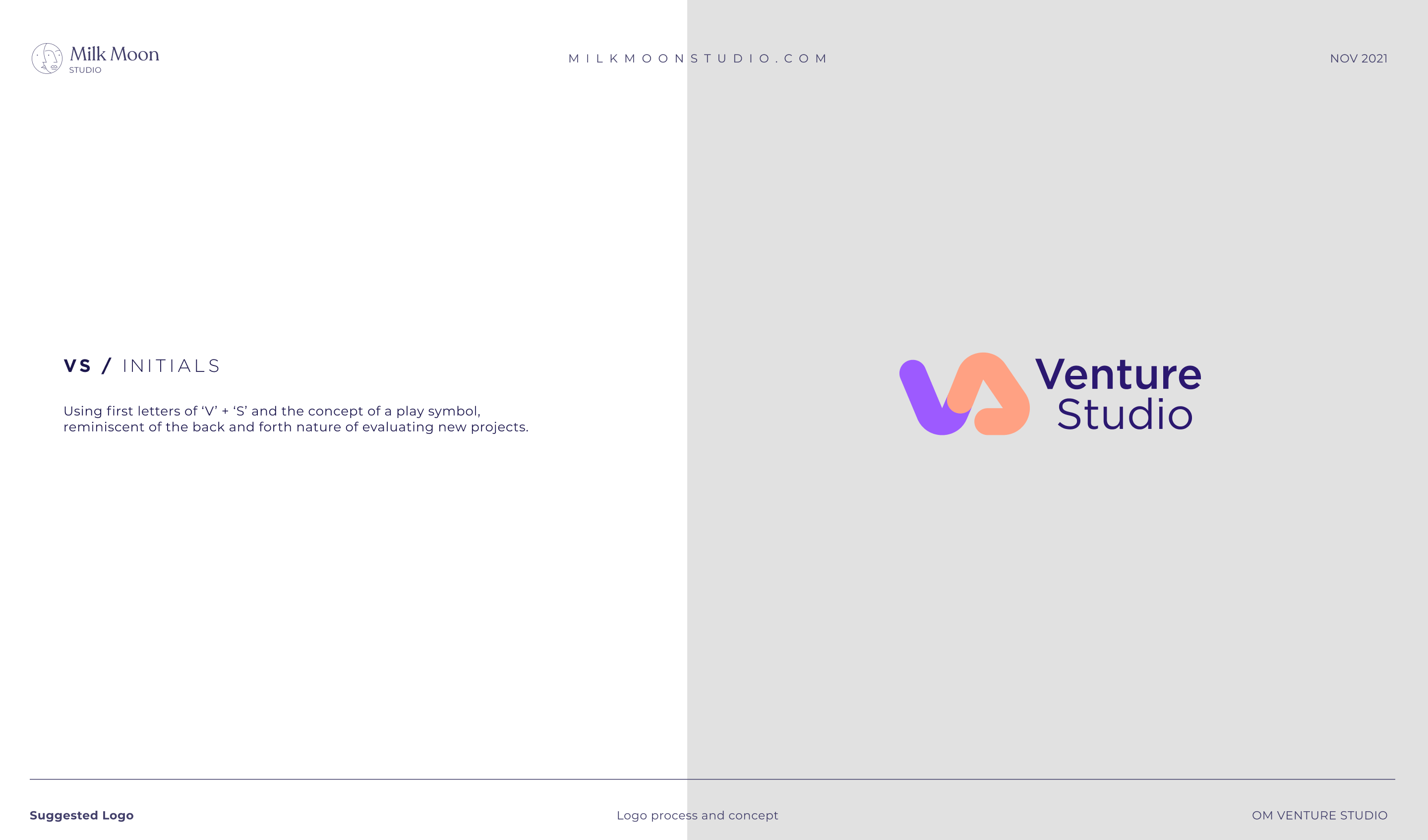 Venture Studio logo concept board: a purple and coral VS monogram with the words Venture Studio, explained as a play symbol