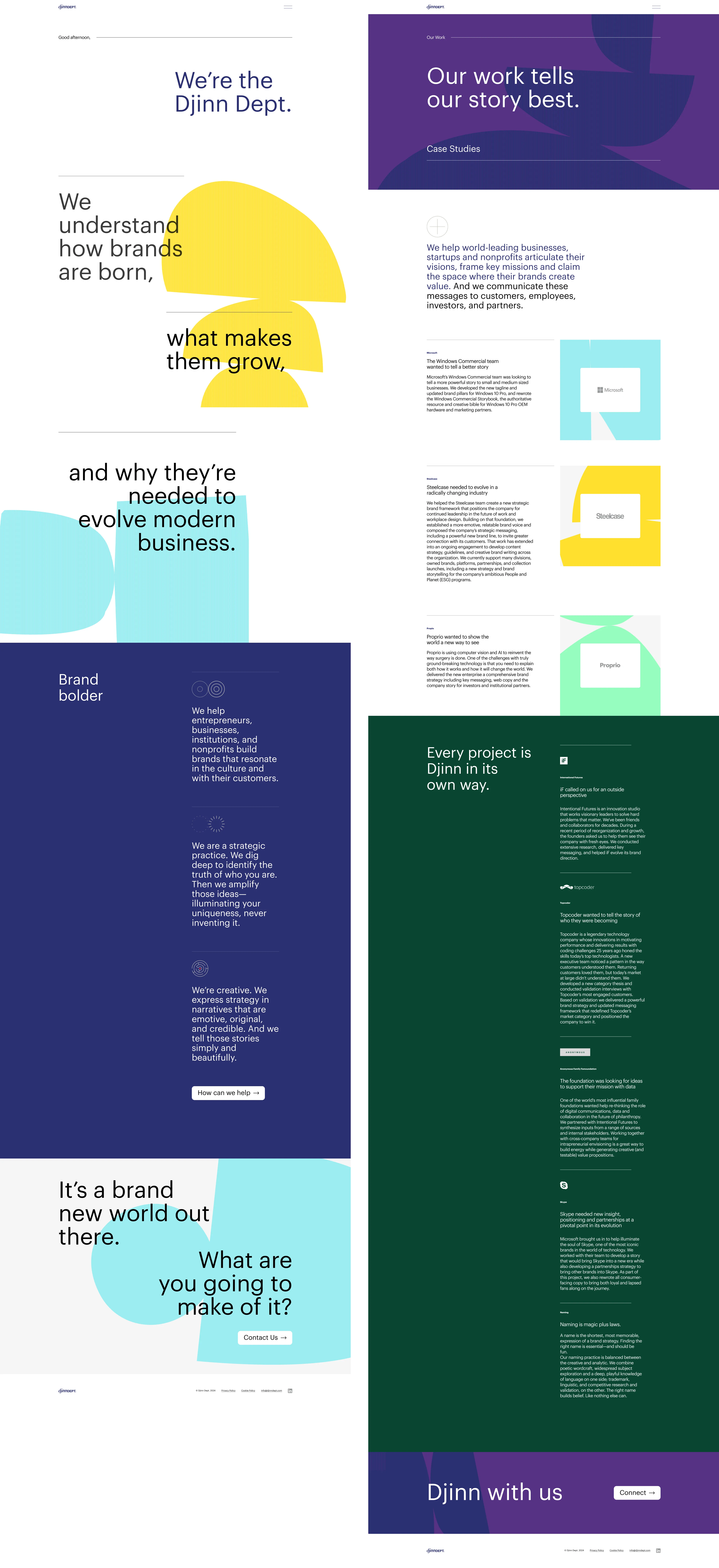 Djinn Dept homepage and case studies page side by side: a white homepage with the headline "We're the Djinn Dept." and yellow and blue shapes, next to a purple case studies page headed "Our work tells our story best."