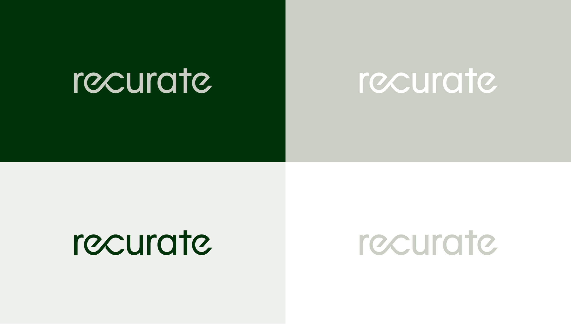Recurate logo shown on four backgrounds: dark green, grey, light grey and white