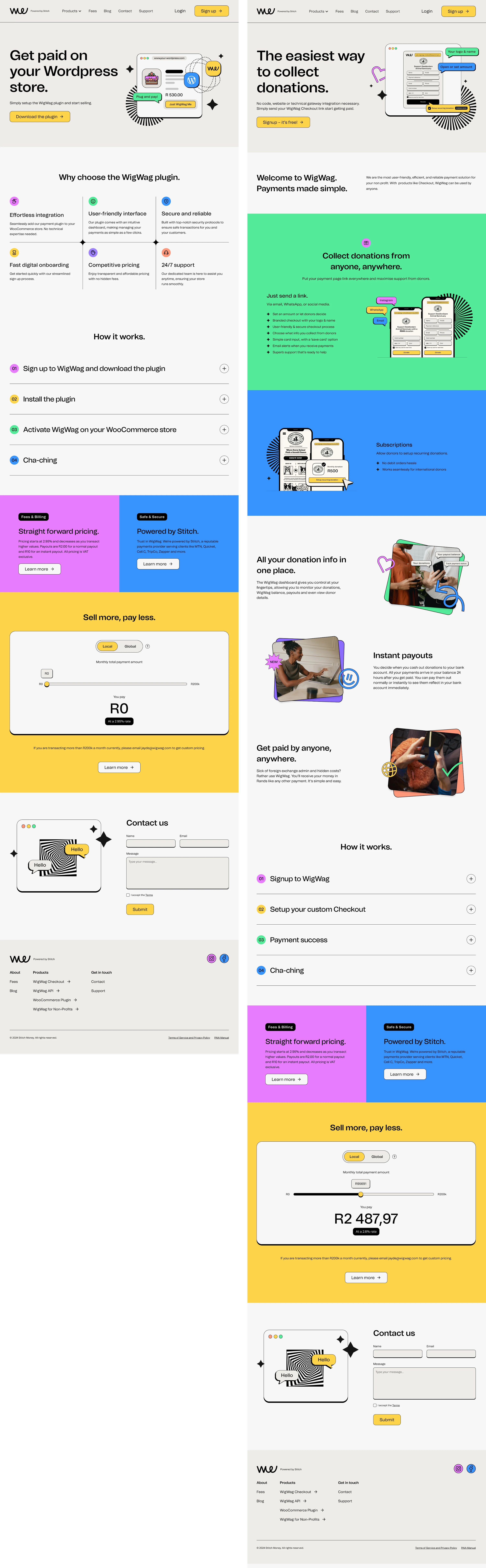 Two full-length WigWag page designs side by side: the WordPress WooCommerce plugin page and the non-profits donations page, each with a 'How it works' guide and a pricing slider