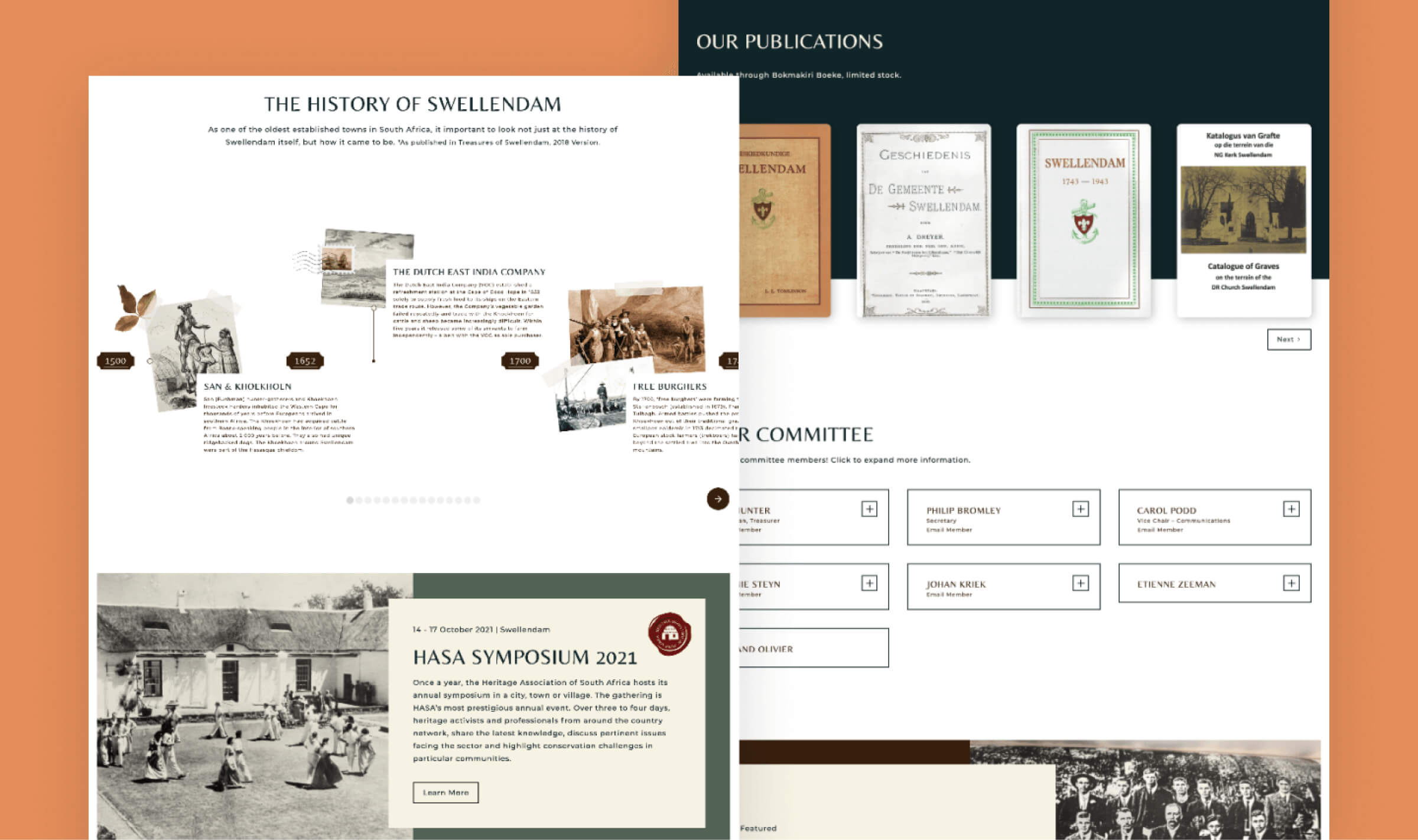 Swellendam Heritage Association website pages showing the history timeline, publications, committee and symposium sections