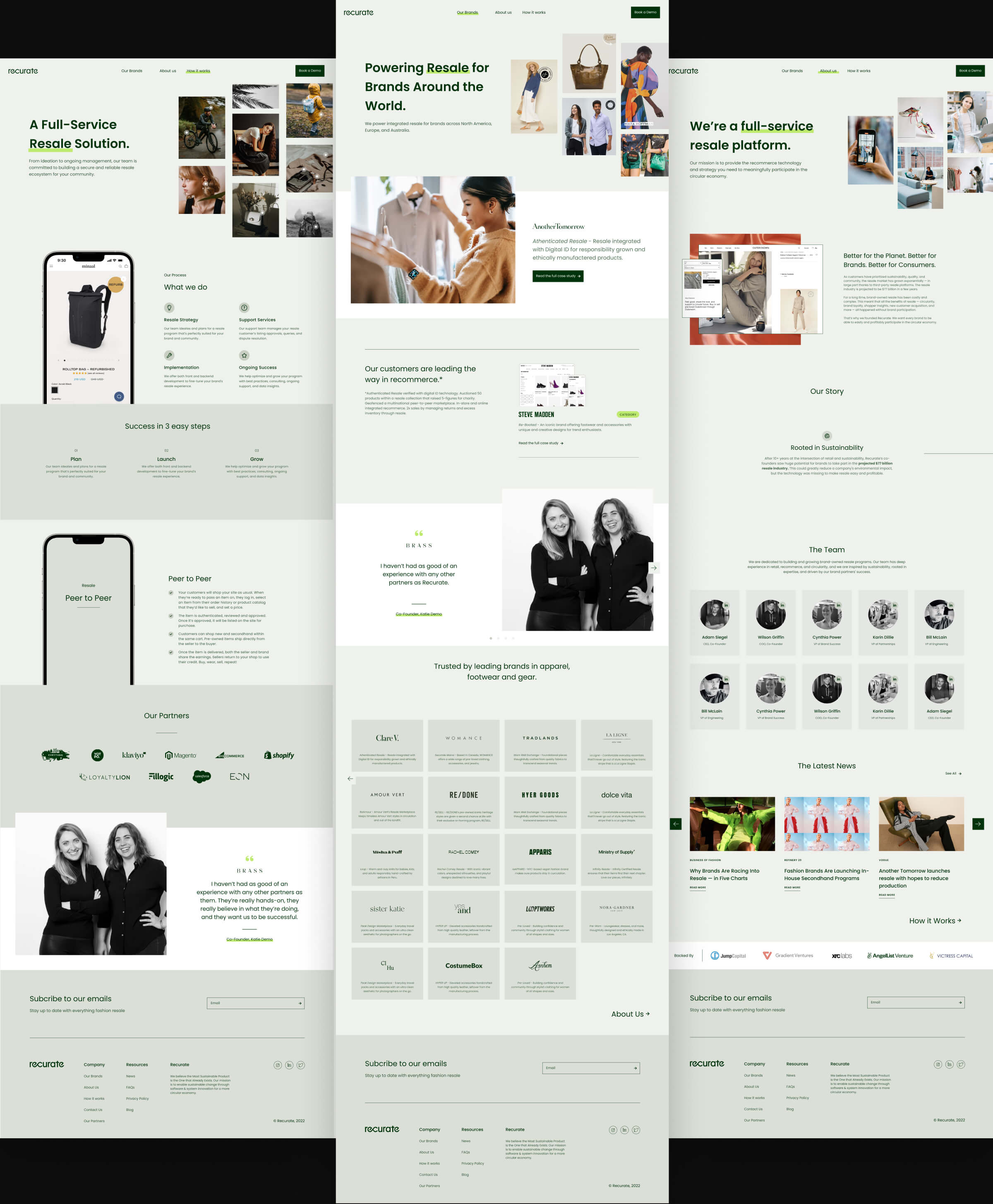 Three redesigned Recurate pages side by side: a full-service resale solution page, a brands page with customer logos and the About us page with the team