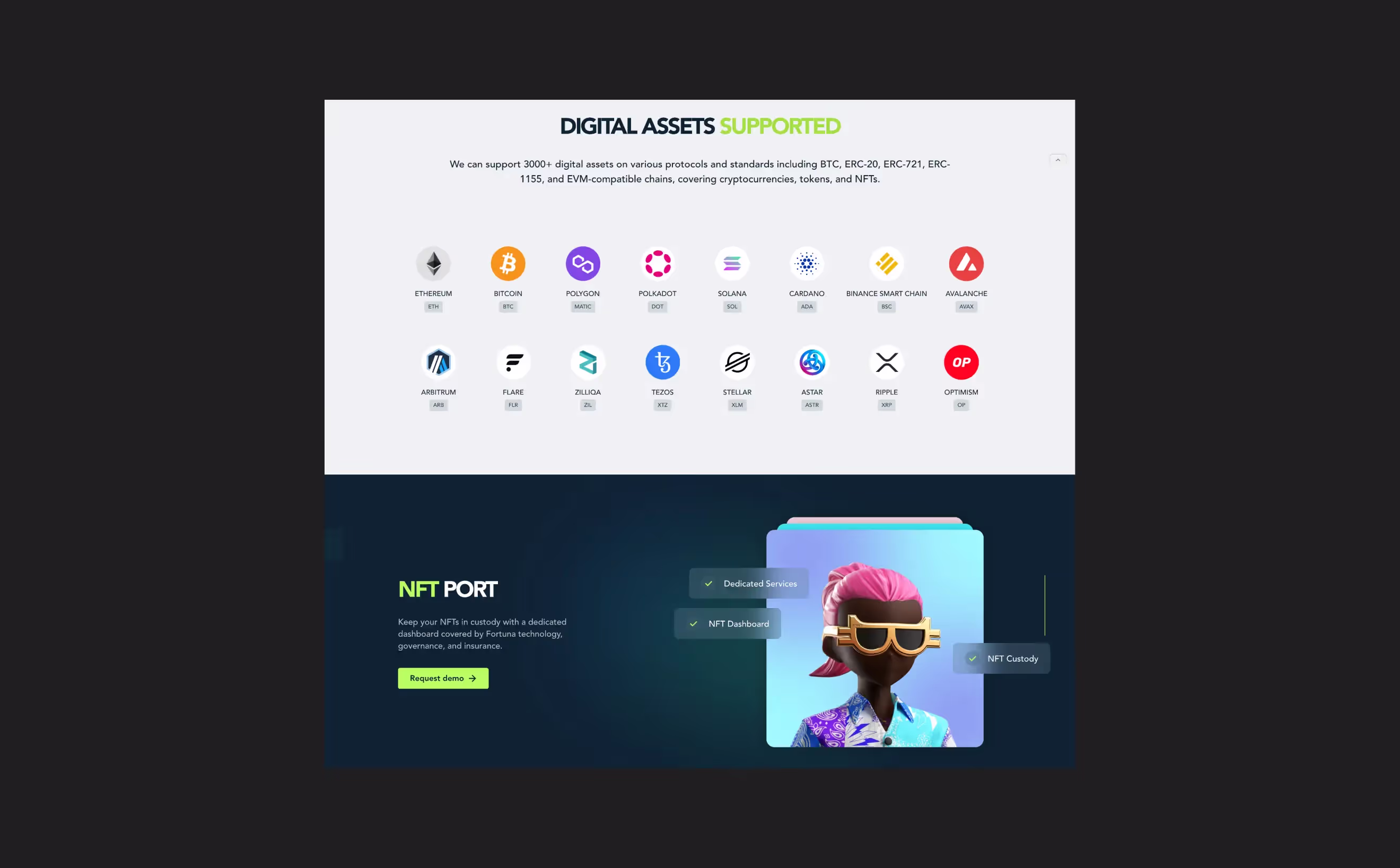 Cuadrícula de activos digitales compatibles de Fortuna Custody, con logotipos de criptomonedas sobre la sección de NFT Port