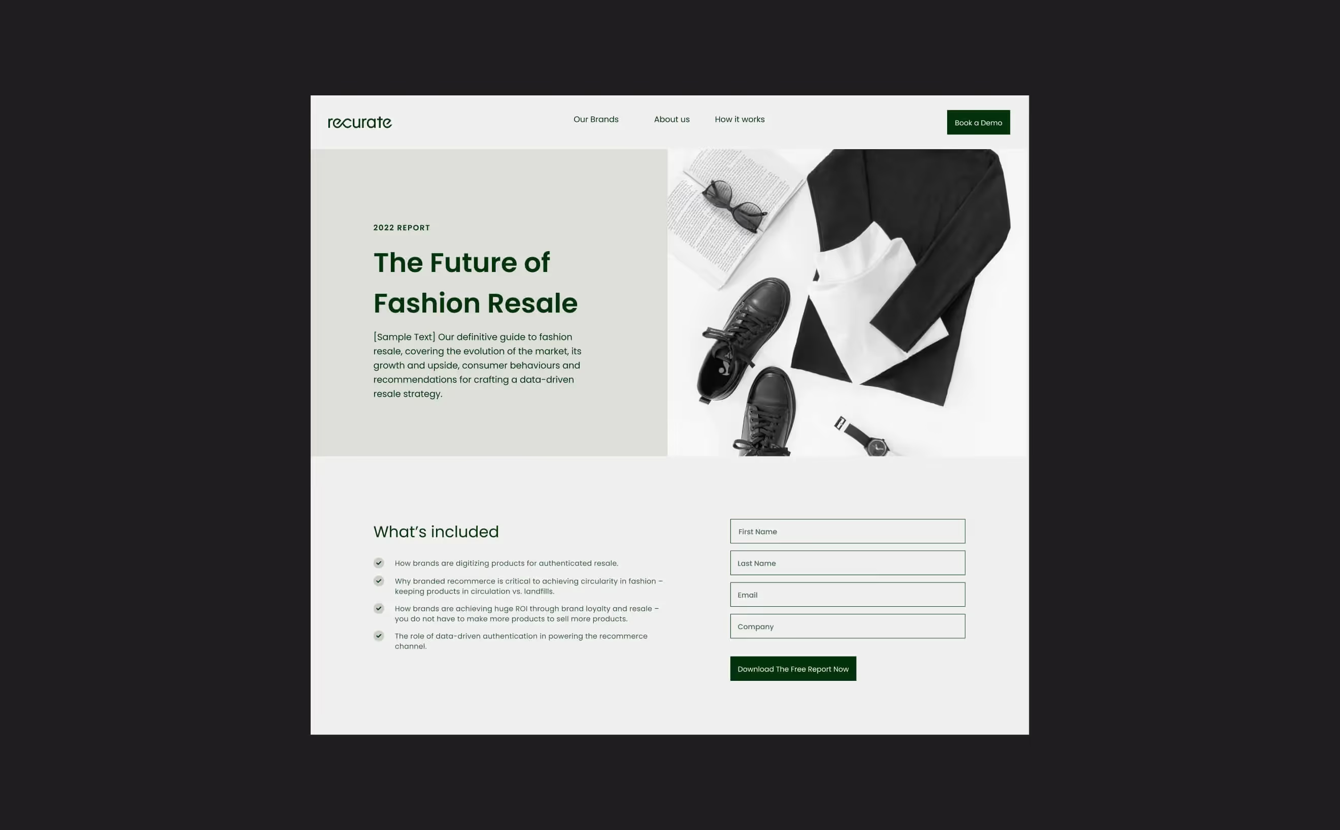 Recurate 'The Future of Fashion Resale' report page with a download form and a flat-lay of a jacket, boots and glasses