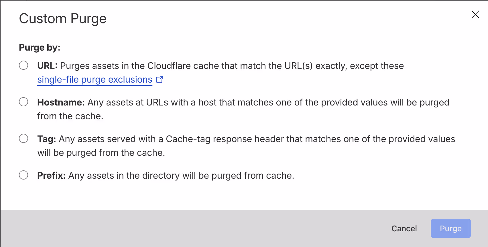 Optionen für den Custom Purge des Cloudflare-Caches
