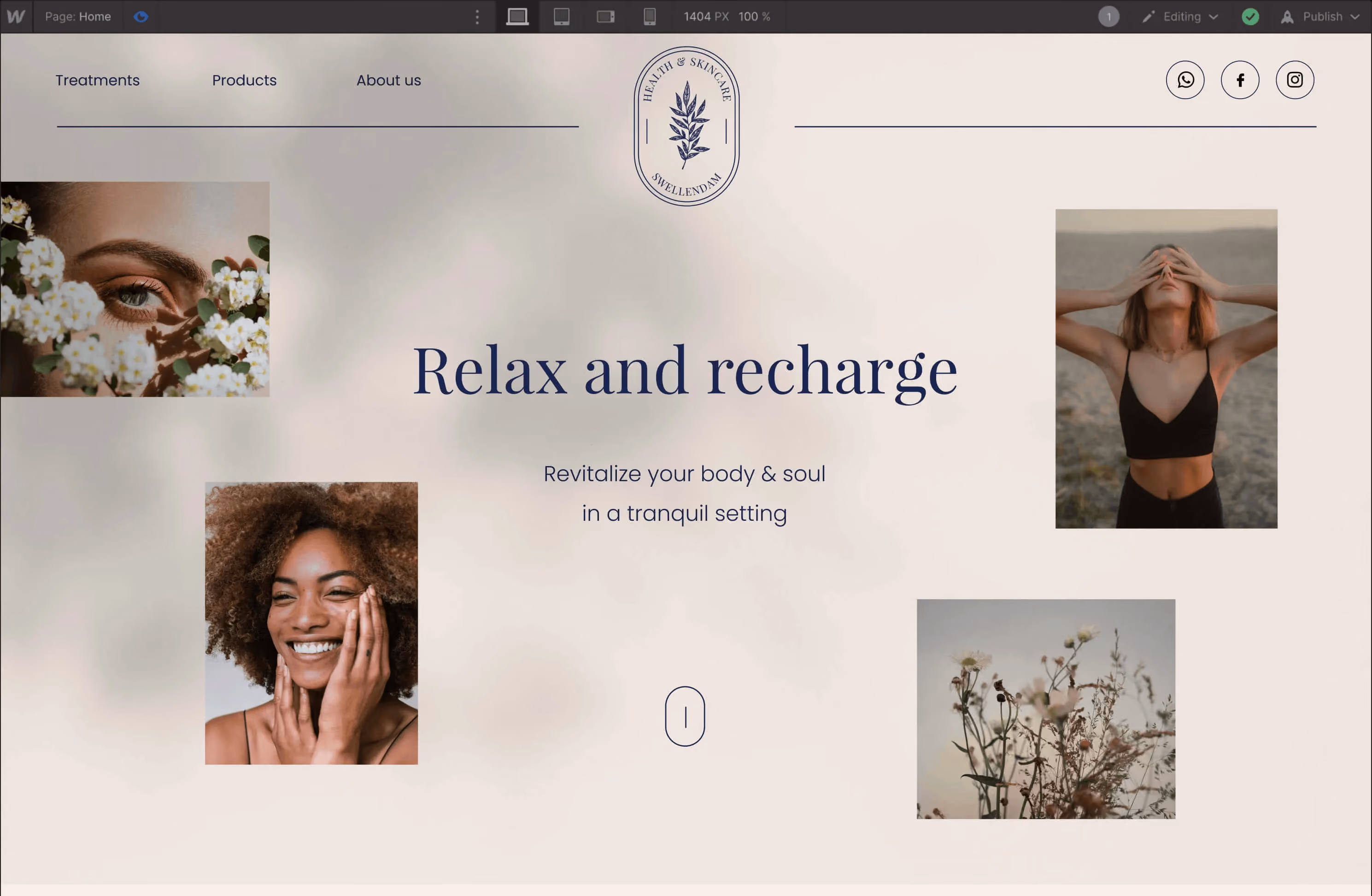 Relax and recharge banner with images of smiling woman, flowers, and a woman covering eyes.