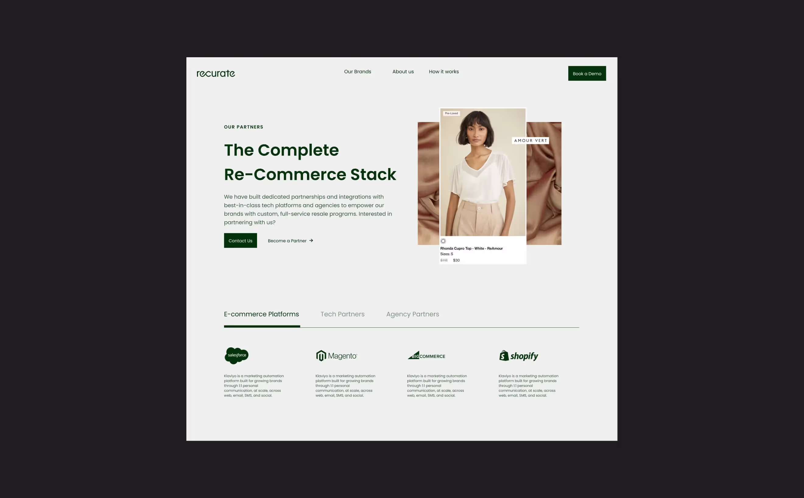 Recurate partners page titled 'The Complete Re-Commerce Stack' with e-commerce platform logos for Salesforce, Magento, BigCommerce and Shopify