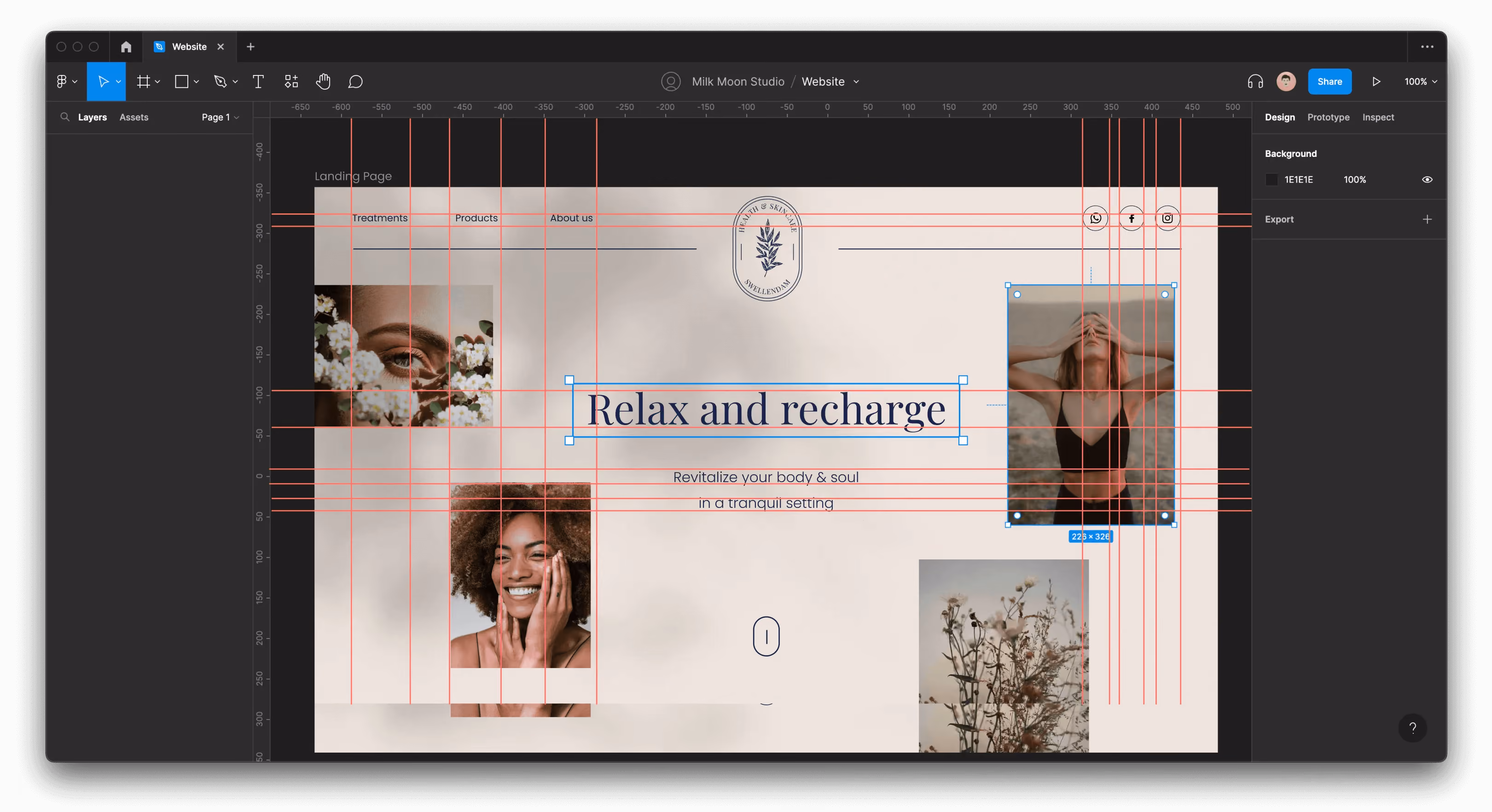 Website landing page design with text Relax and recharge and images of people and flowers arranged in a grid.