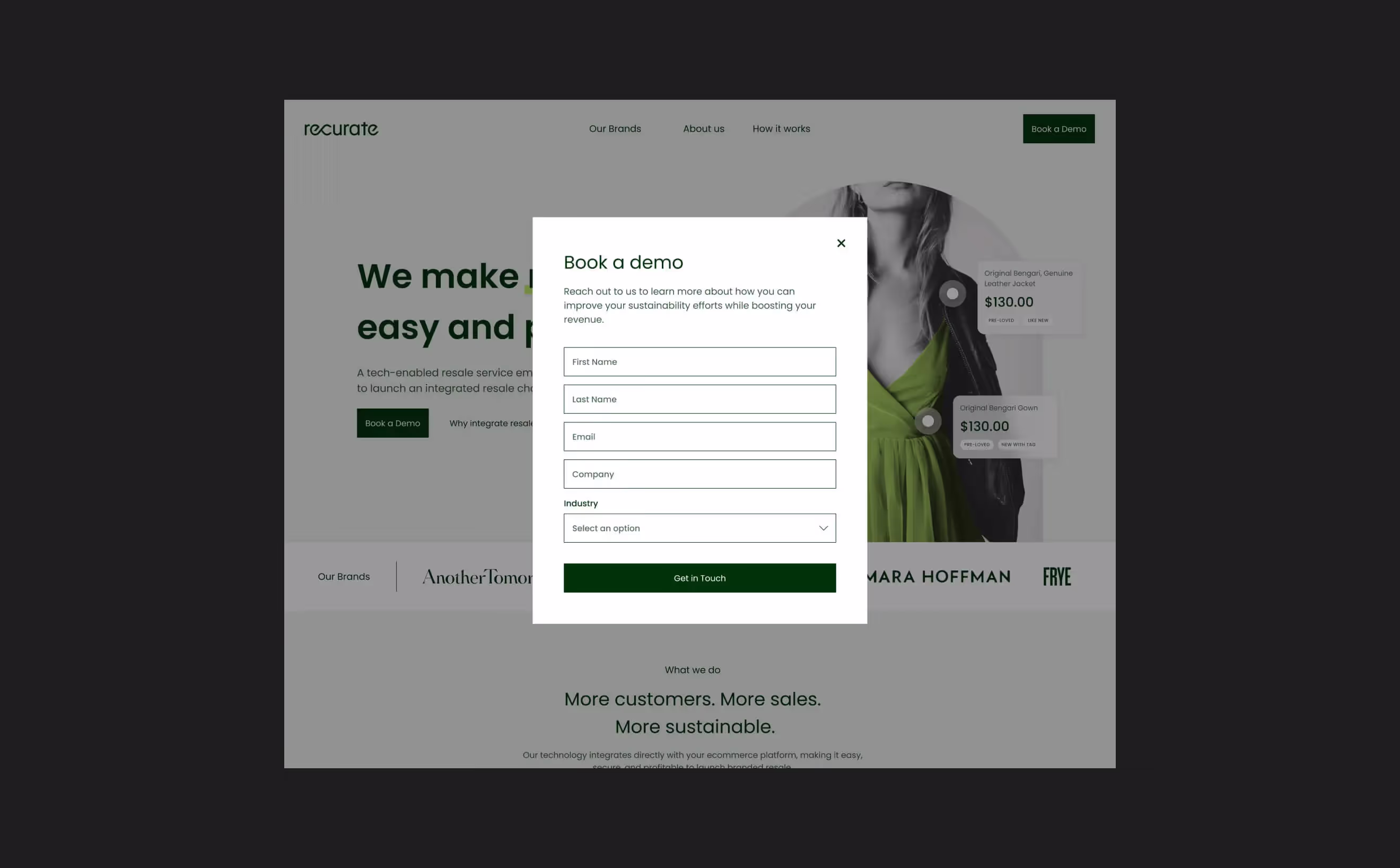 Recurate 'Book a demo' pop-up form with first name, last name, email, company and industry fields over the homepage