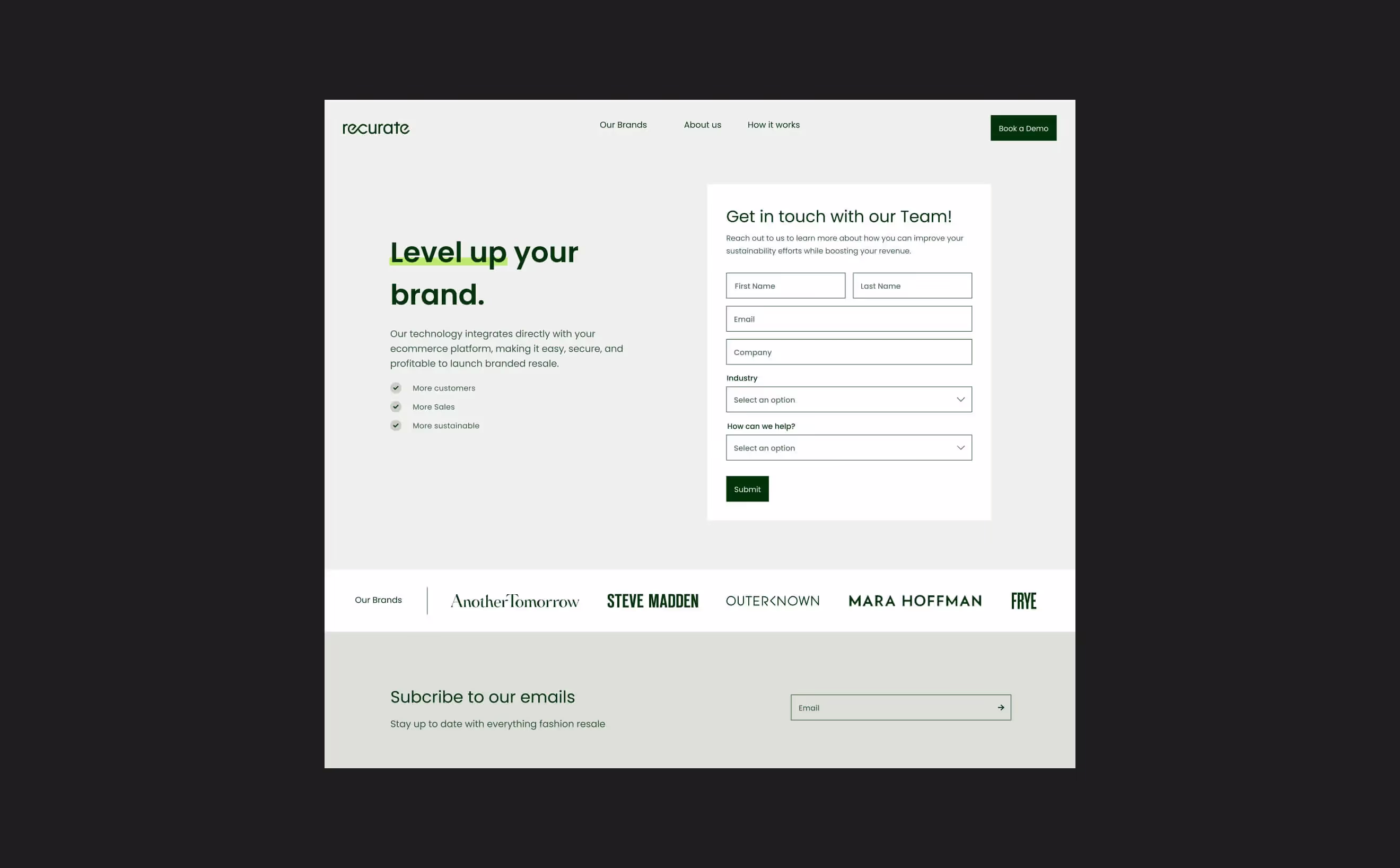 Recurate 'Level up your brand' contact page with a 'Get in touch with our Team' form and a row of brand logos