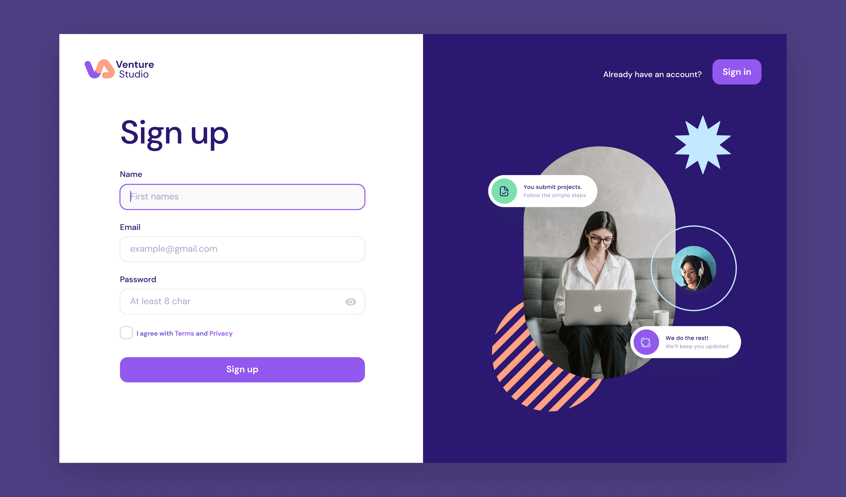Venture Studio Login Screen