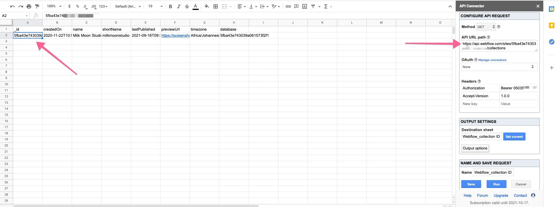 Setup Webflow API and Token in Google Sheet and API Connector
