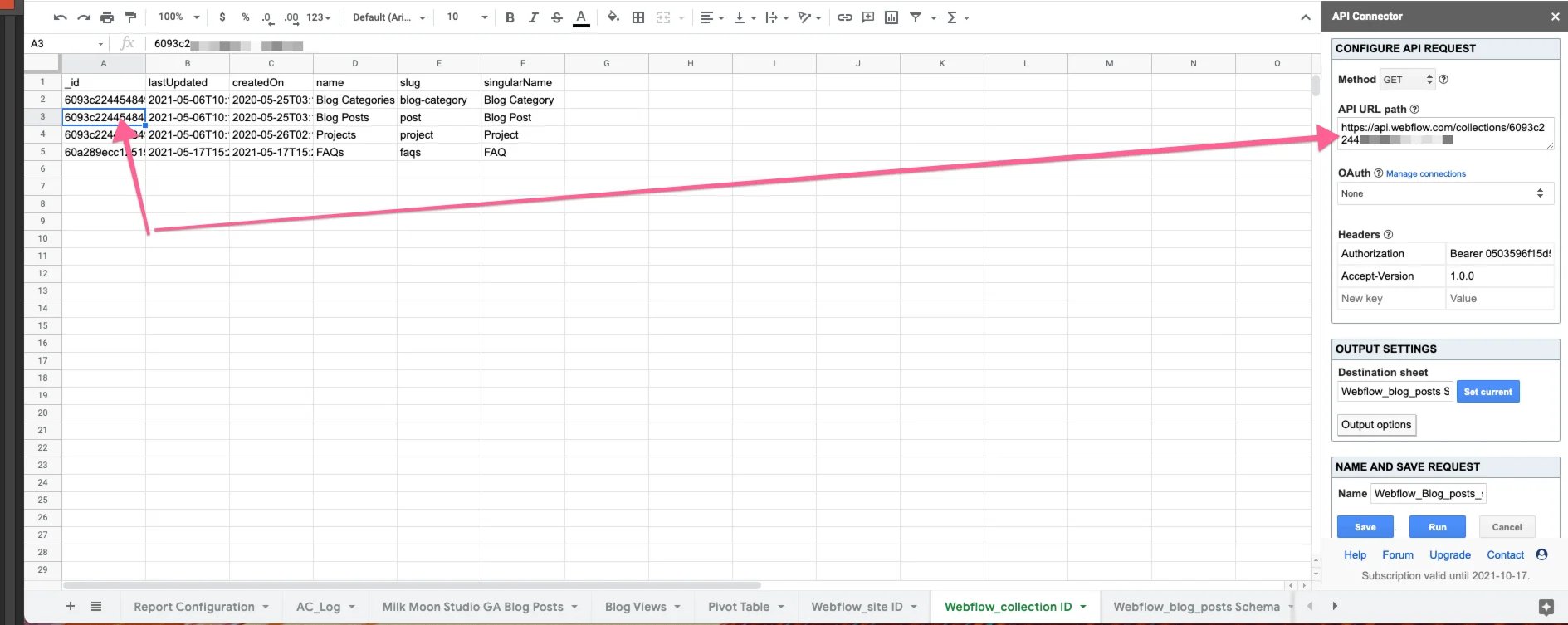 Webflow Collection IDs IN Google Sheets
