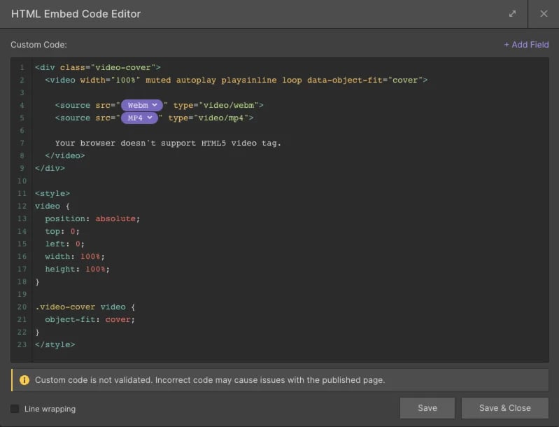 HTML Embed Code in Webflow for Background Video from CMS