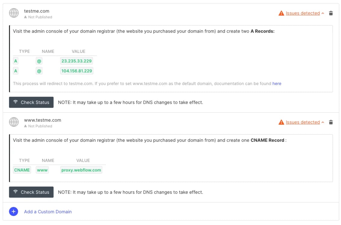 Save the non-ssl Webflow DNS settings