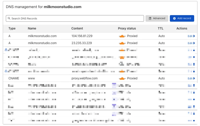 Add Webflow DNS settings to Cloudflare