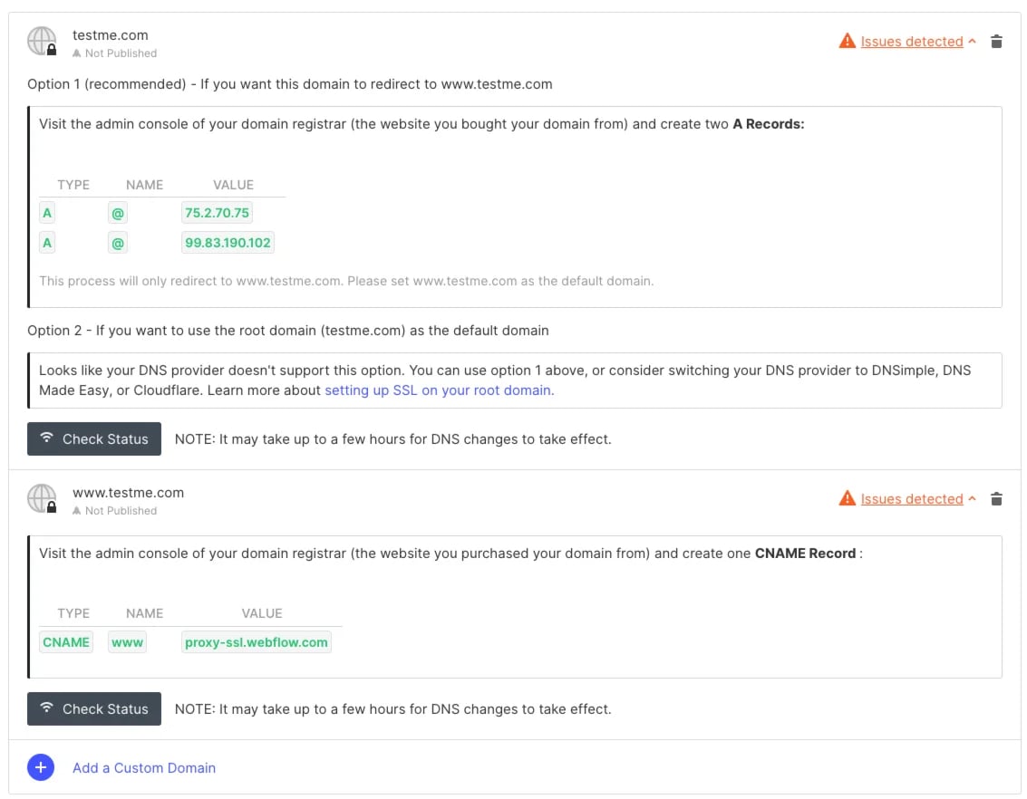 Webflow DNS settings