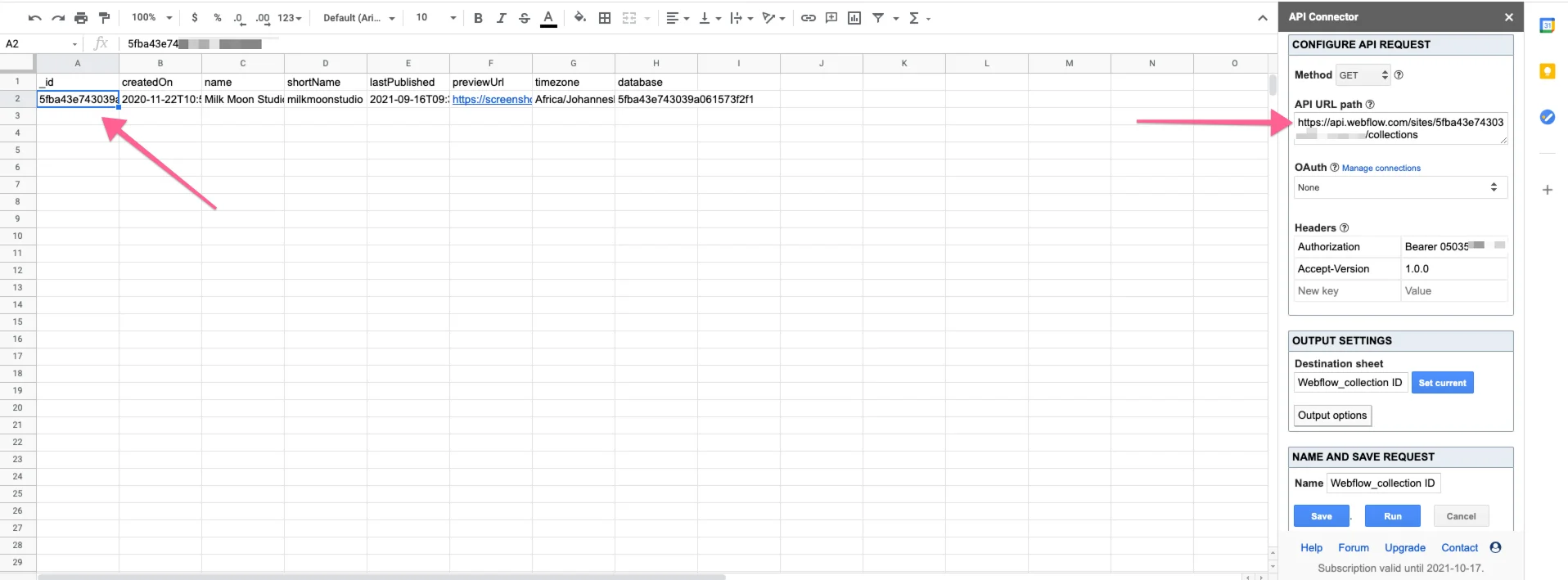 Setup Webflow API and Token in Google Sheet and API Connector