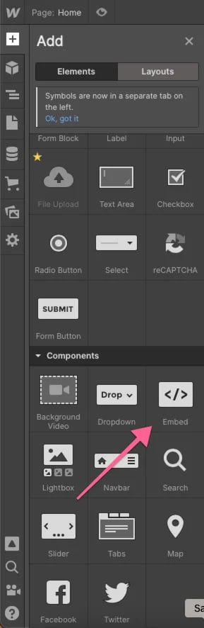Webflow HTML Embed for Tag Manager code