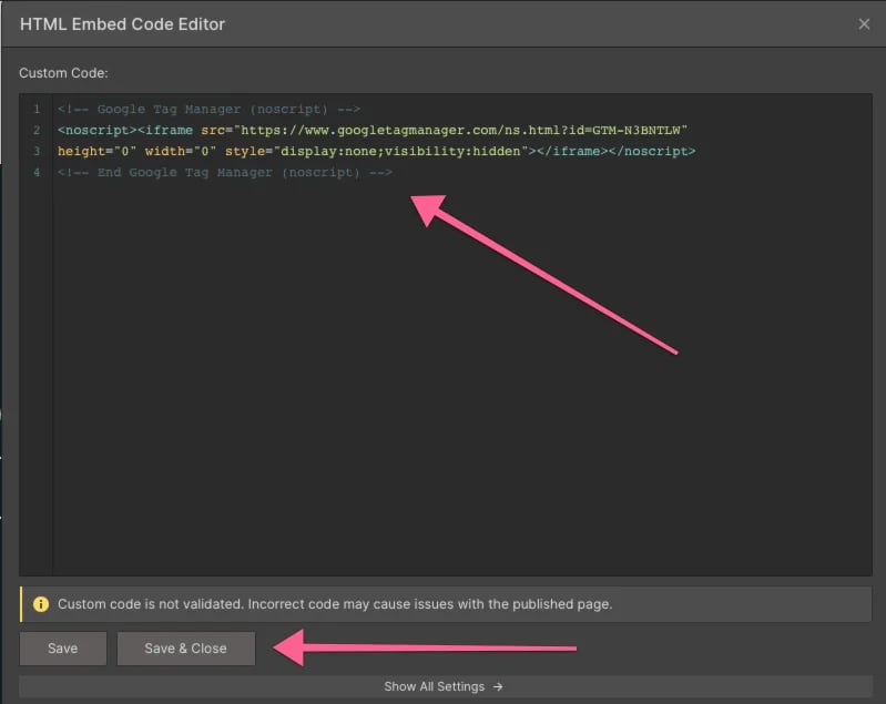 Add the Google Tag Manager iframe to a Webflow HTML Embed