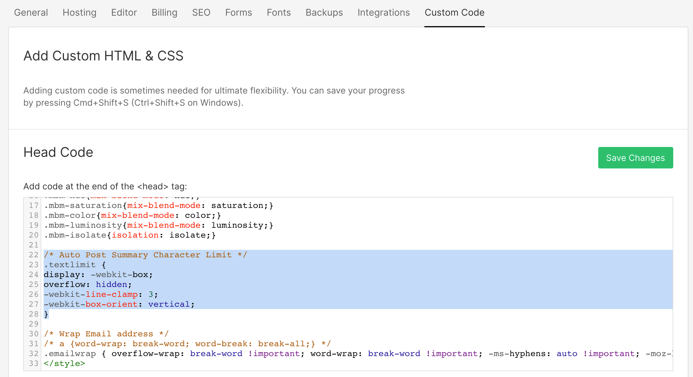 Summary code in Webflow Head Section of project custom code