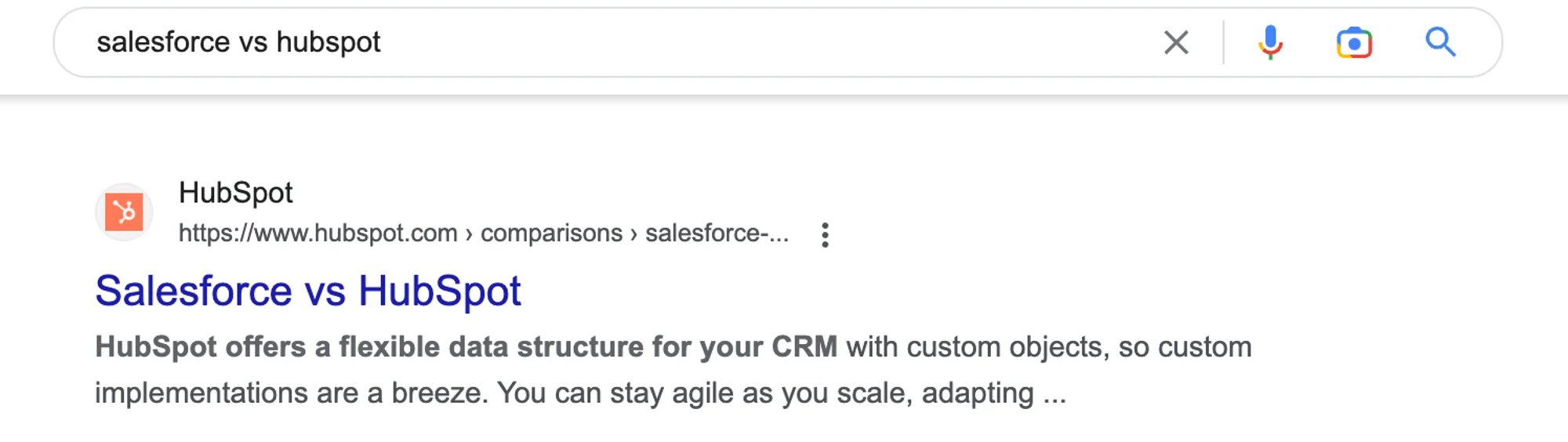 Example of competitor programmatic landing page: Salesforce vs Hubspot 