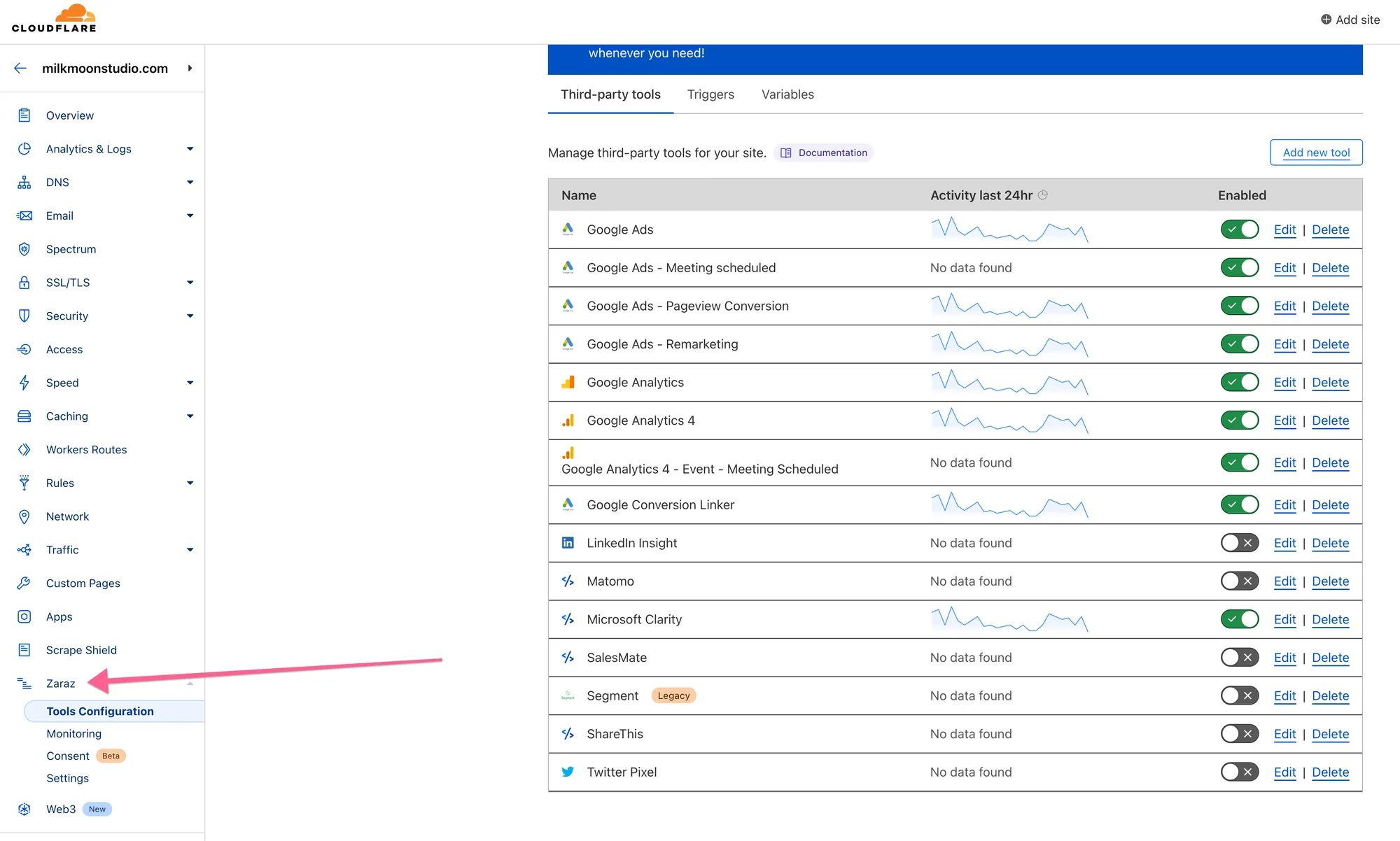 Zaraz in the Cloudflare dashboard