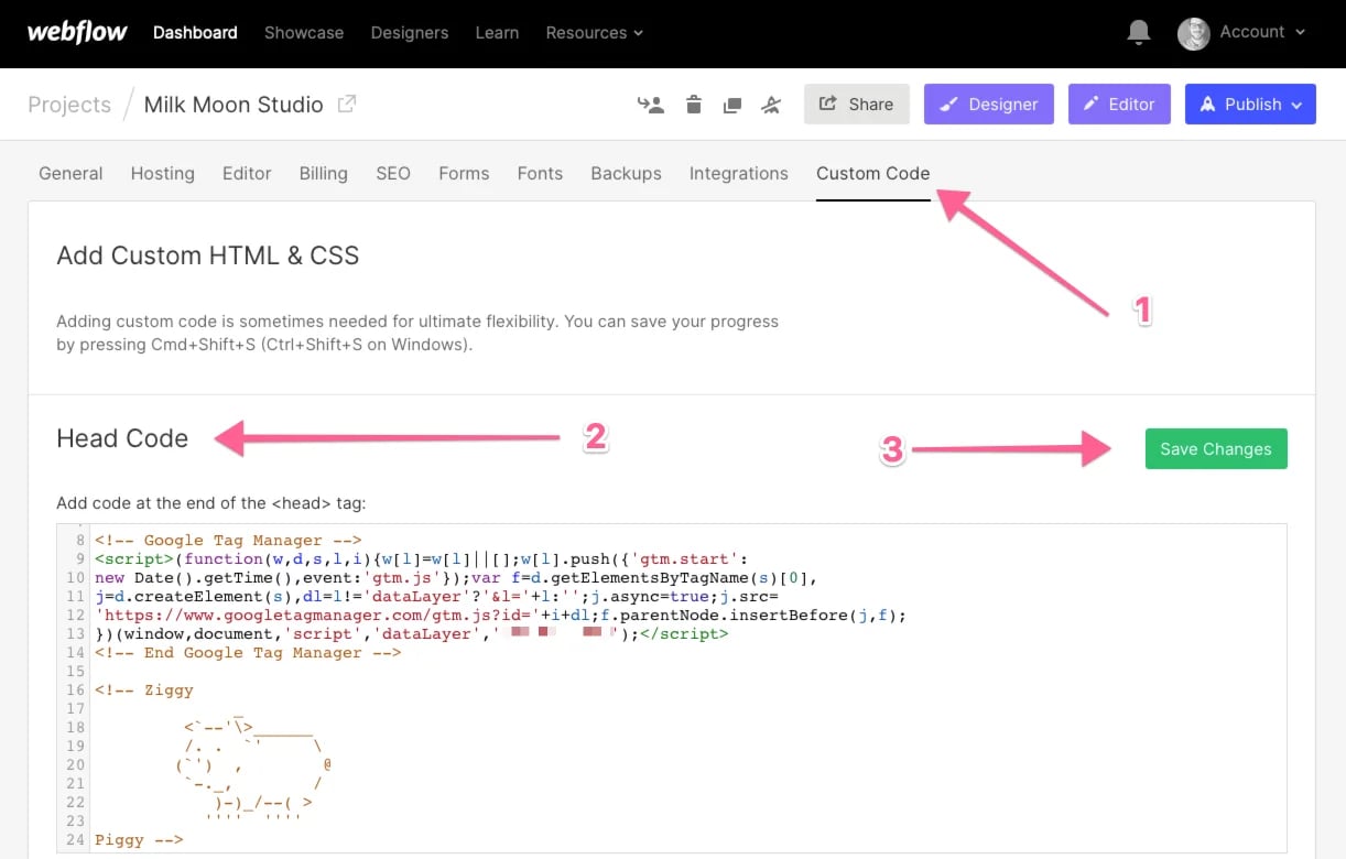 Add Tag Manager Script To Webflow Head Code Section in Project Settings