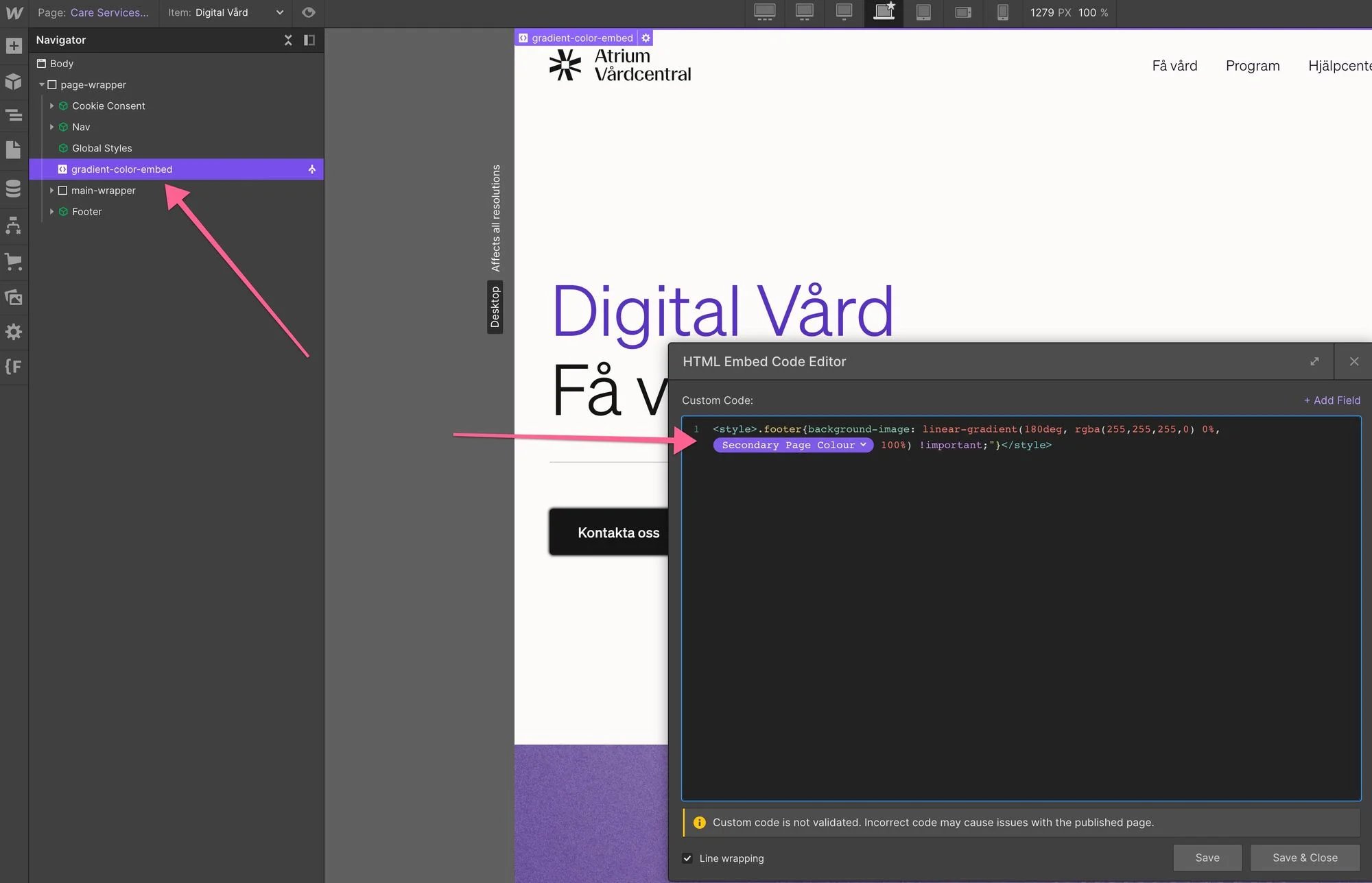 Dynamic CMS background gradient color embed code