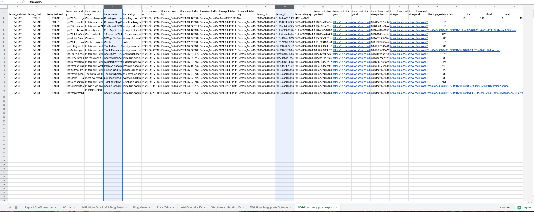 Webflow Post Name and Post ID in Google Sheets